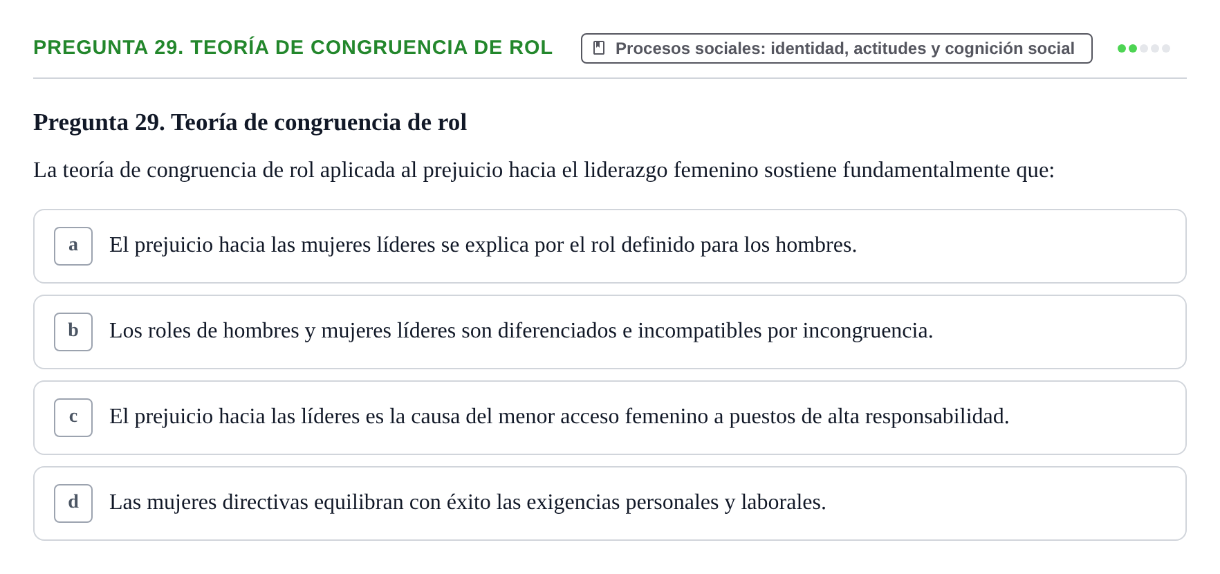 Enunciado: Pregunta 29. Teoría de congruencia de rol · Psicología Social URV Examen de Psicología Social