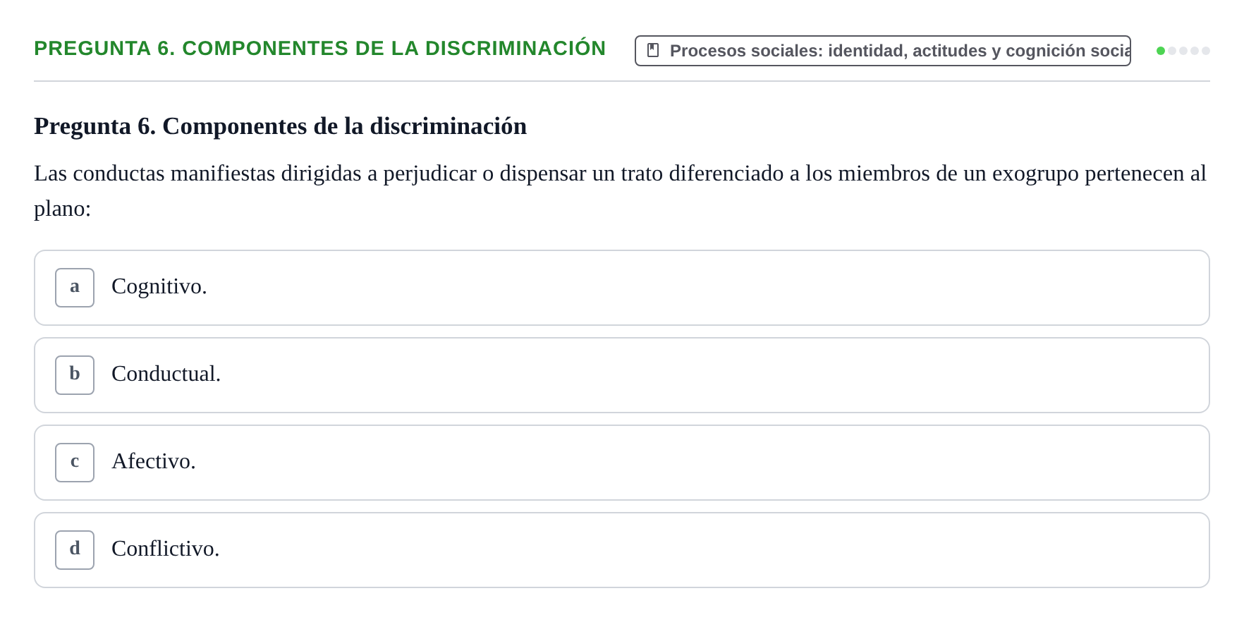 Enunciado: Pregunta 6. Componentes de la discriminación · Psicología Social URV Examen de Psicología Social