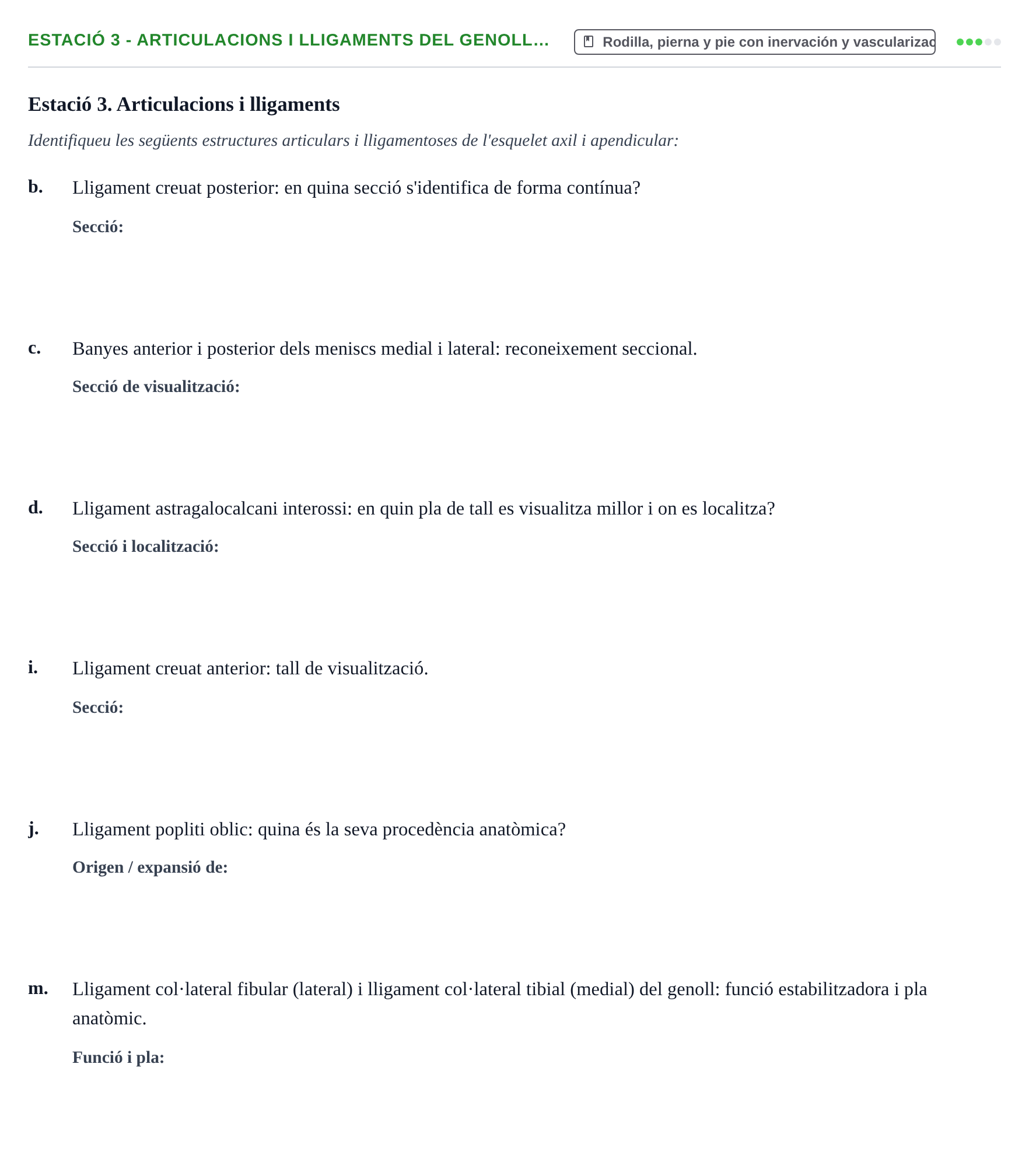 Enunciado: Ejercicio Estació 3 - Articulacions i lligaments del genoll… · Aparato Locomotor UDL Examen pràctic: Aparell Locomotor (Segon Semestre)