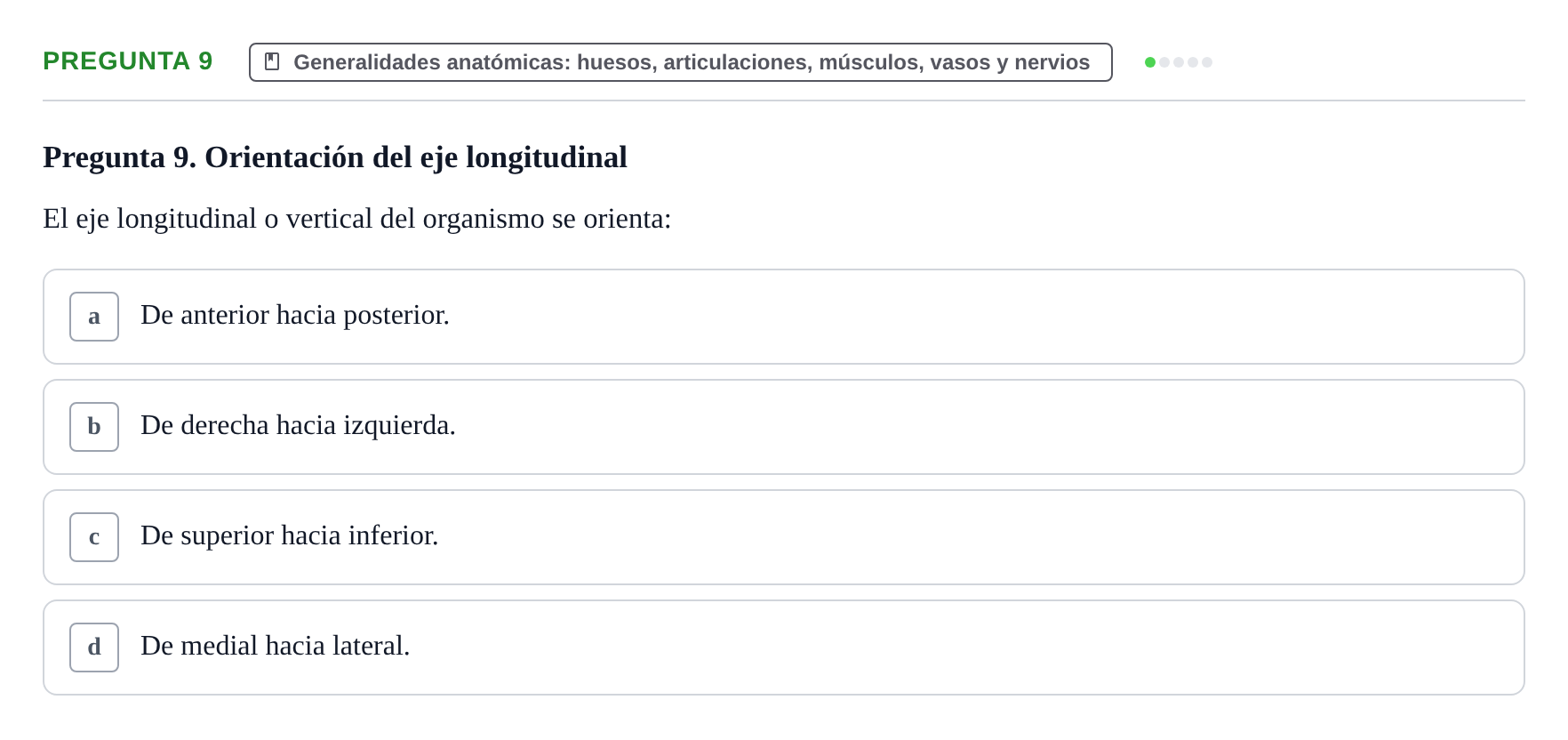 Enunciado: Pregunta 9 · Aparato Locomotor UDL Examen de repaso teórico: Posición anatómica, ejes y planos