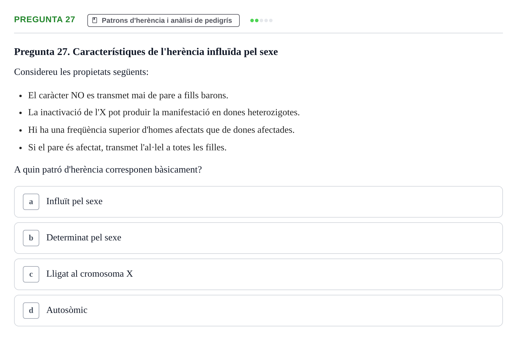 Enunciado: Pregunta 27 · Genòmica Humana UDL Examen: Genòmica Humana (2n Parcial)