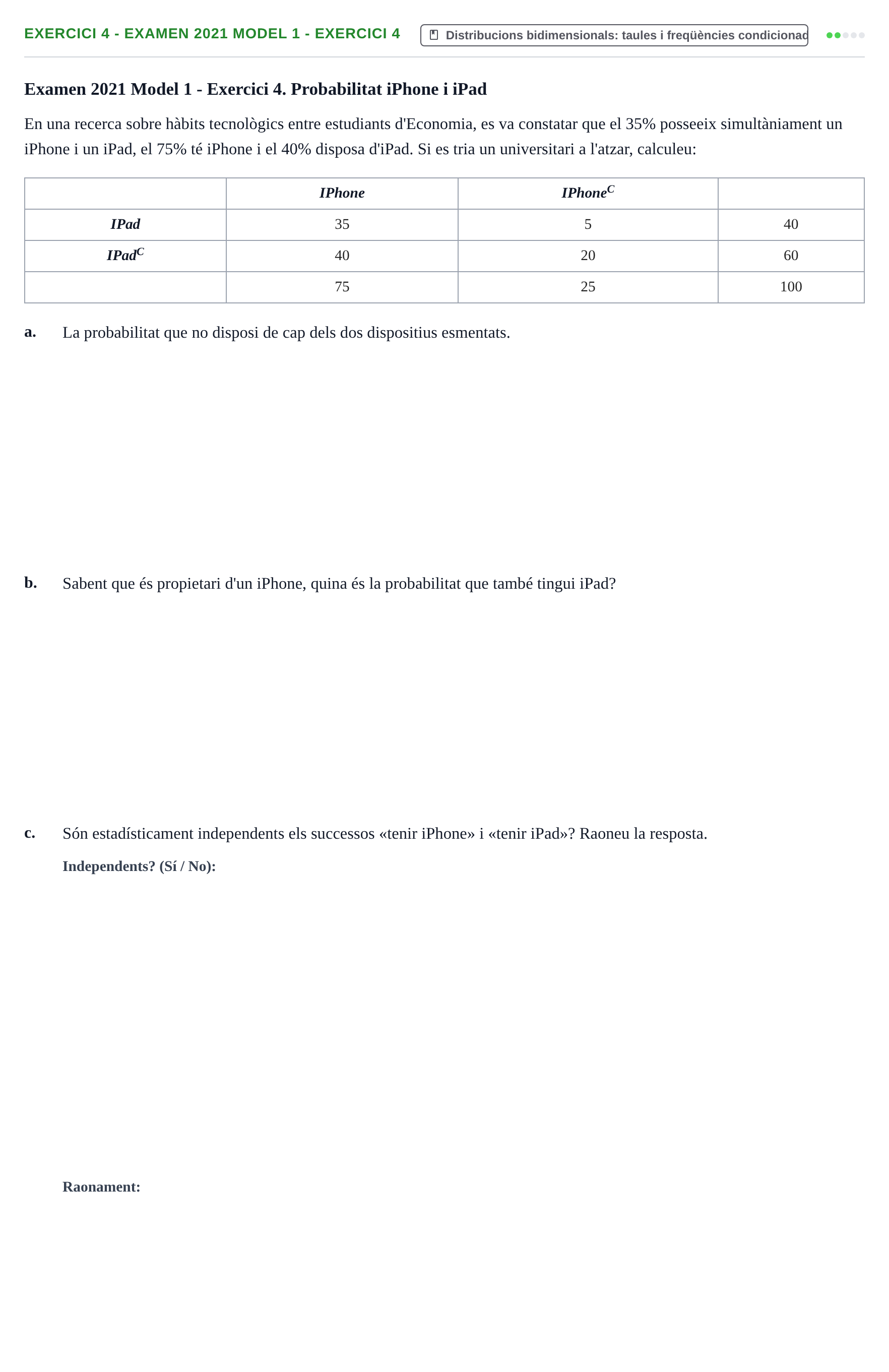 Enunciado: Ejercicio 4 - Examen 2021 Model 1 - Exercici 4 · Estadística I URV 2021