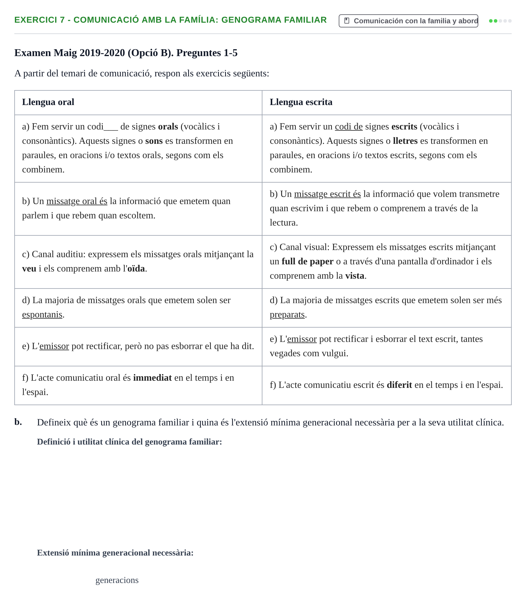 Enunciado: Ejercicio 7 - Comunicació amb la família: genograma familiar · Bases de Comunicación y Ética URV 2011