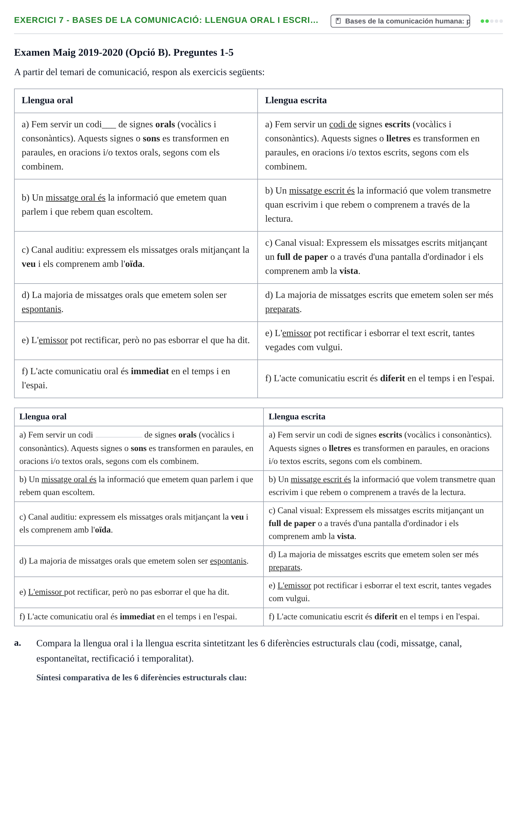 Enunciado: Ejercicio 7 - Bases de la comunicació: llengua oral i escri… · Bases de Comunicación y Ética URV 2011