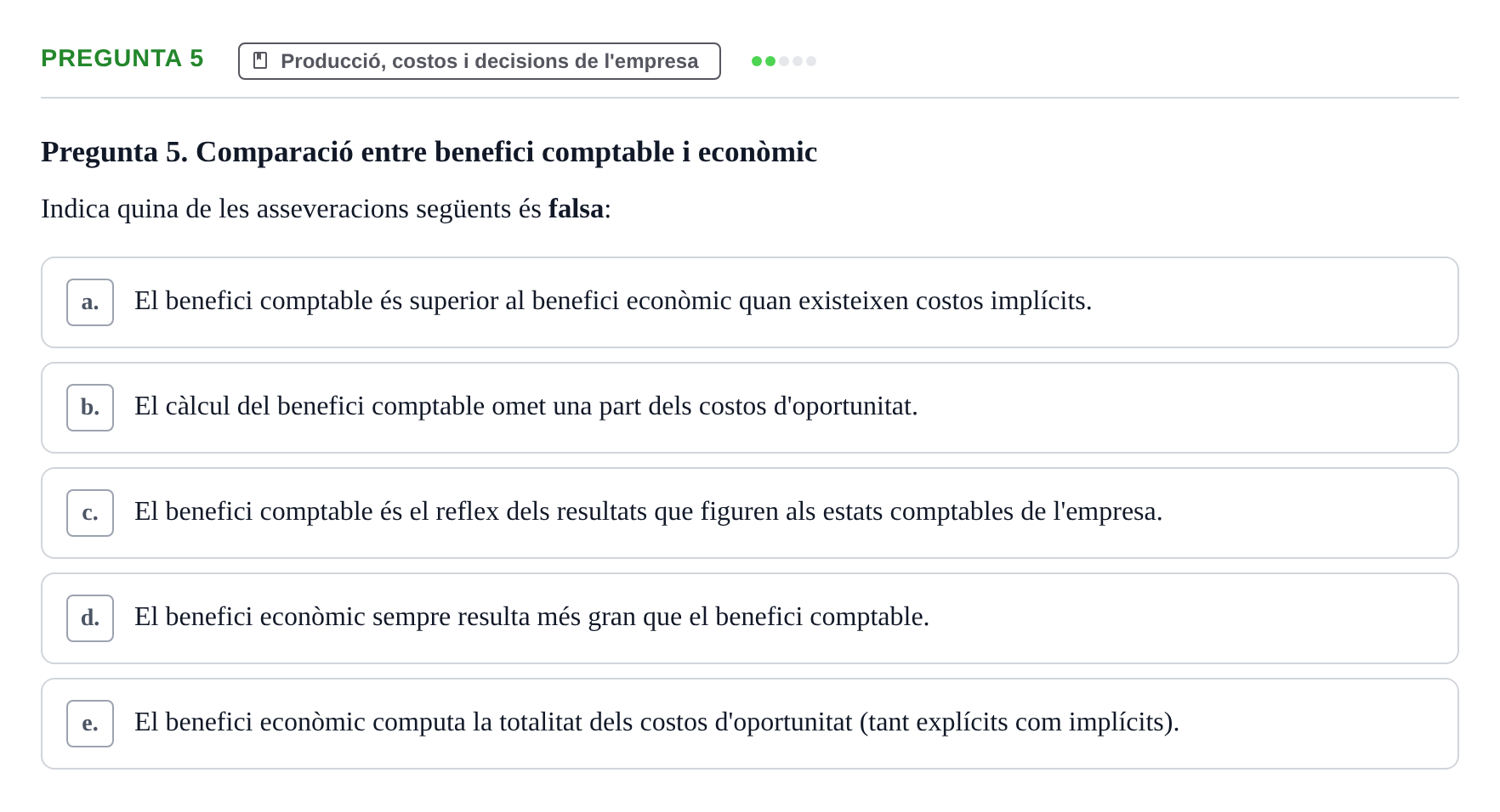 Enunciado: Pregunta 5 · Economía URV Test d'Avaluació: Funció de Producció i Costos