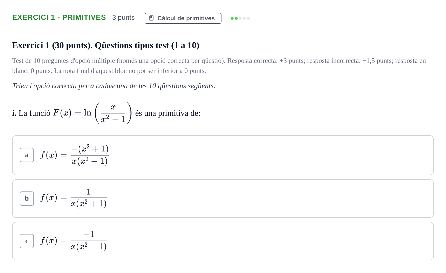 Enunciado: Exercici 1 - Primitives · Matemáticas I URV 2015