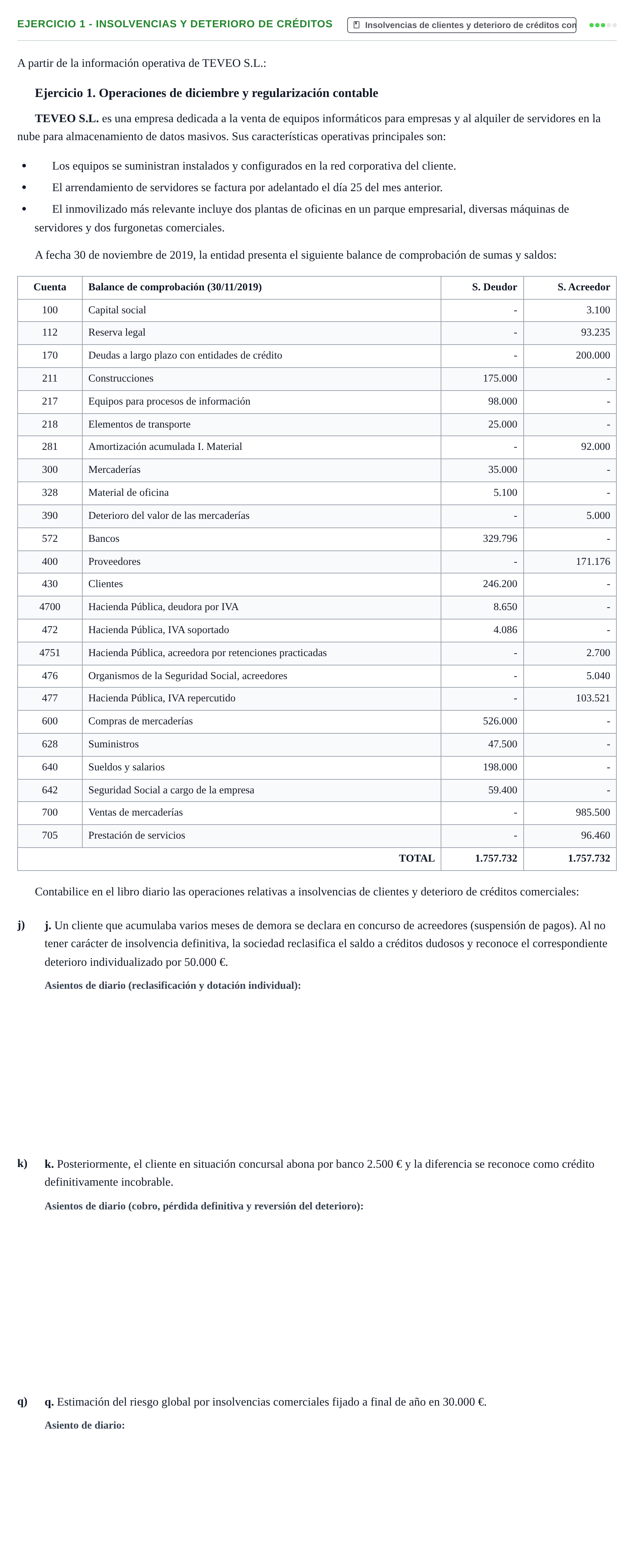 Enunciado: Ejercicio 1 - Insolvencias y deterioro de créditos · Introducción a la Contabilidad URV 2019