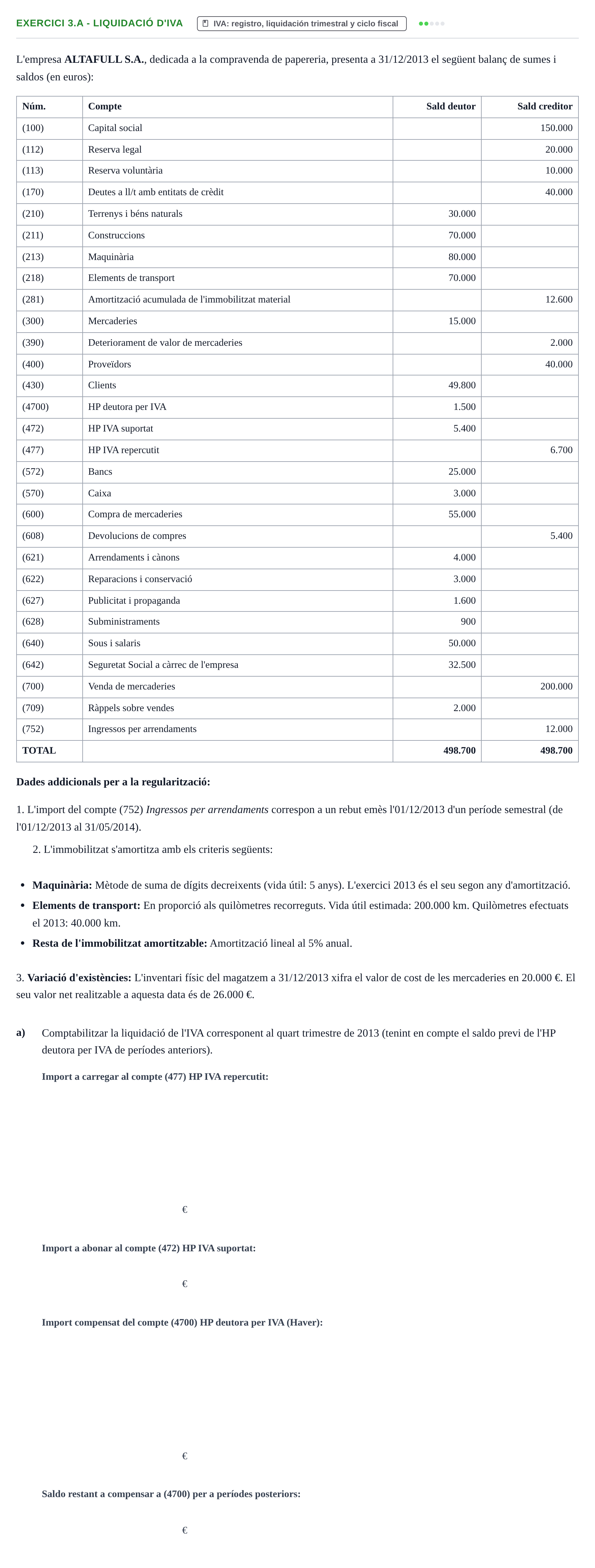 Enunciado: Exercici 3.a - Liquidació d'IVA · Introducción a la Contabilidad URV Exemples 2013