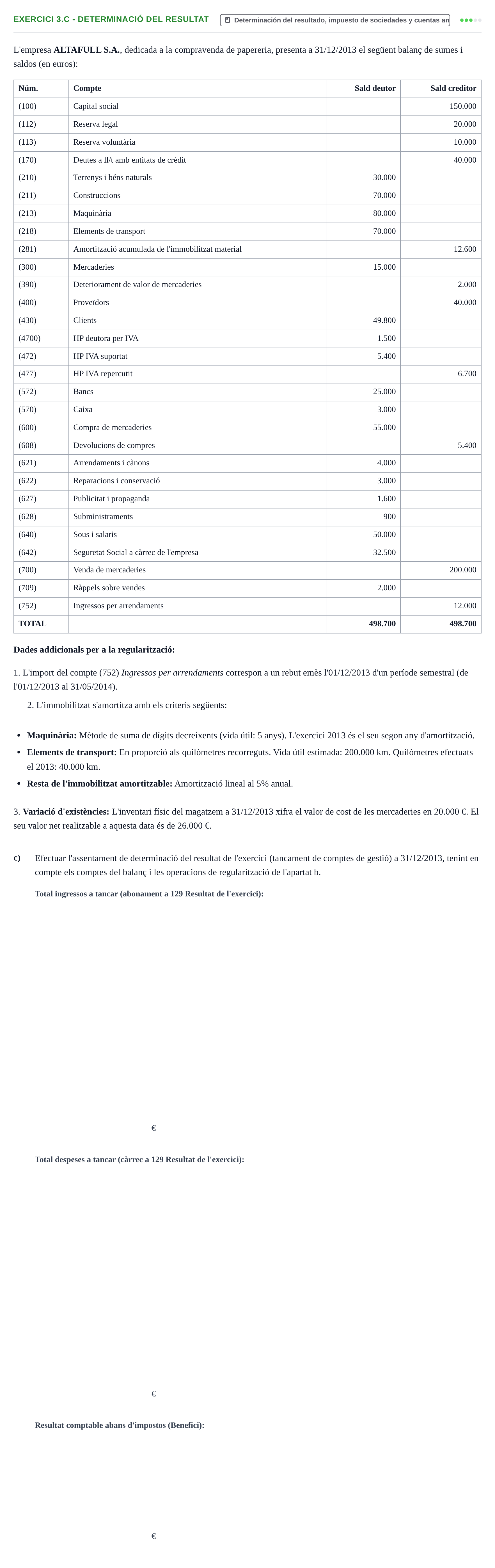 Enunciado: Exercici 3.c - Determinació del resultat · Introducción a la Contabilidad URV Exemples 2013