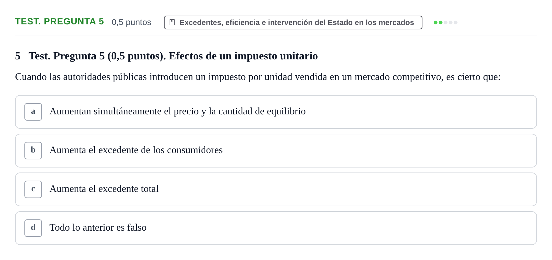 Enunciado: Ejercicio Test. Pregunta 5 · Introducción a la Microeconomía URV 2022