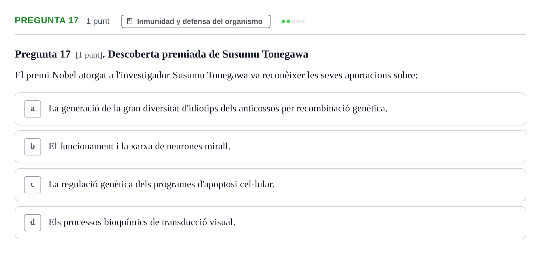 Enunciado: Pregunta 17 · Fisiología Humana URV Examen Parcial de Fisiologia Humana - Bloc Bioquímica
