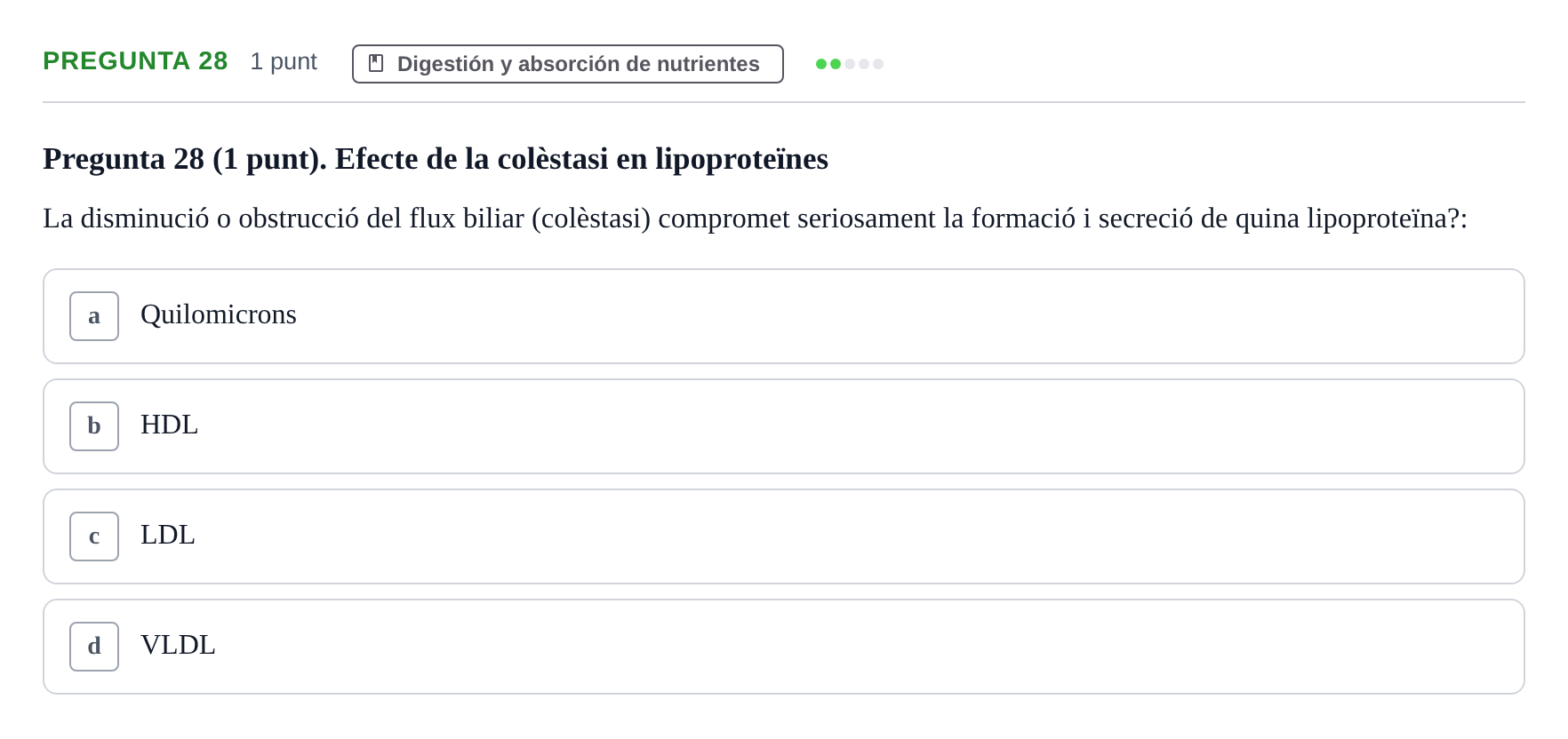 Enunciado: Pregunta 28 · Fisiología Humana URV Examen Parcial de Fisiologia Humana - Bloc Bioquímica