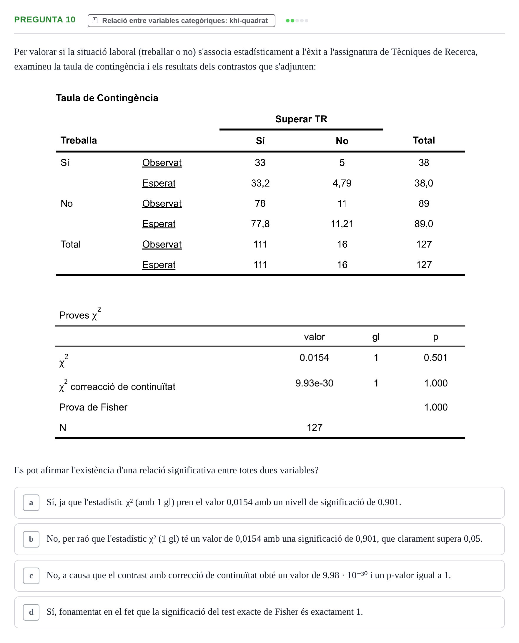 Enunciado: Pregunta 10 · Estadística UB Examen Parcial Tipus Test (Fins a Tema 8: Chi-quadrat)