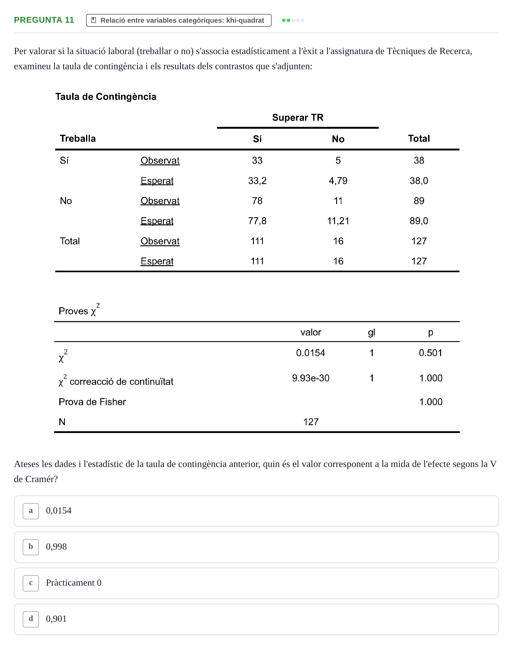 Enunciado: Pregunta 11 · Estadística UB Examen Parcial Tipus Test (Fins a Tema 8: Chi-quadrat)
