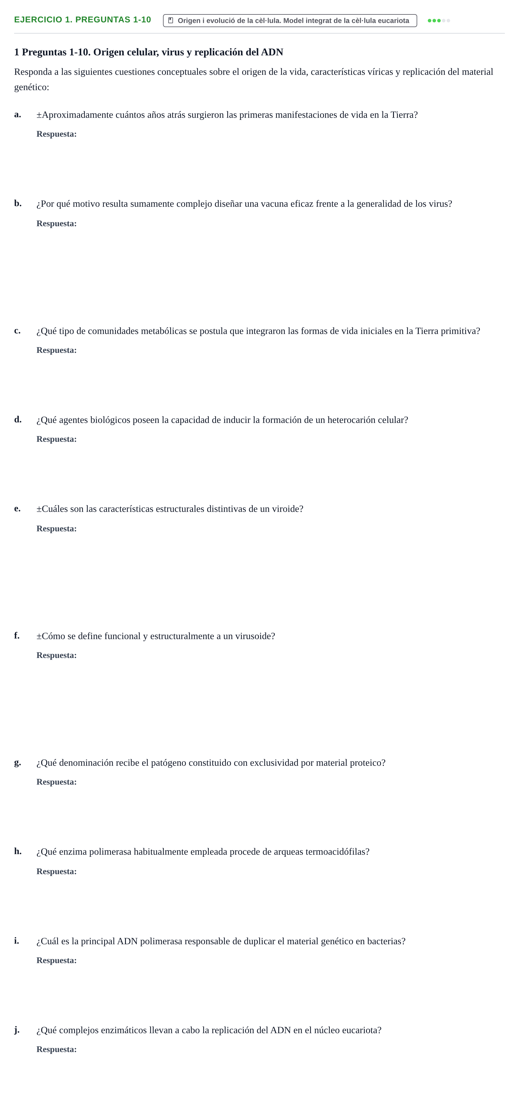 Enunciado: Ejercicio 1. Preguntas 1-10 · Biología Celular UB Cuestionario de repaso: Primer parcial de Biología Celular