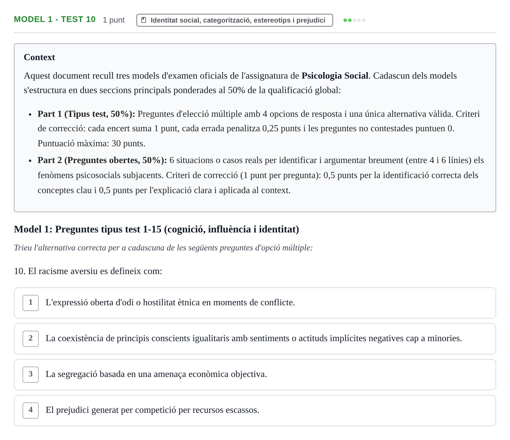 Enunciado: Ejercicio Model 1 - Test 10 · Psicología Social UB Exemples