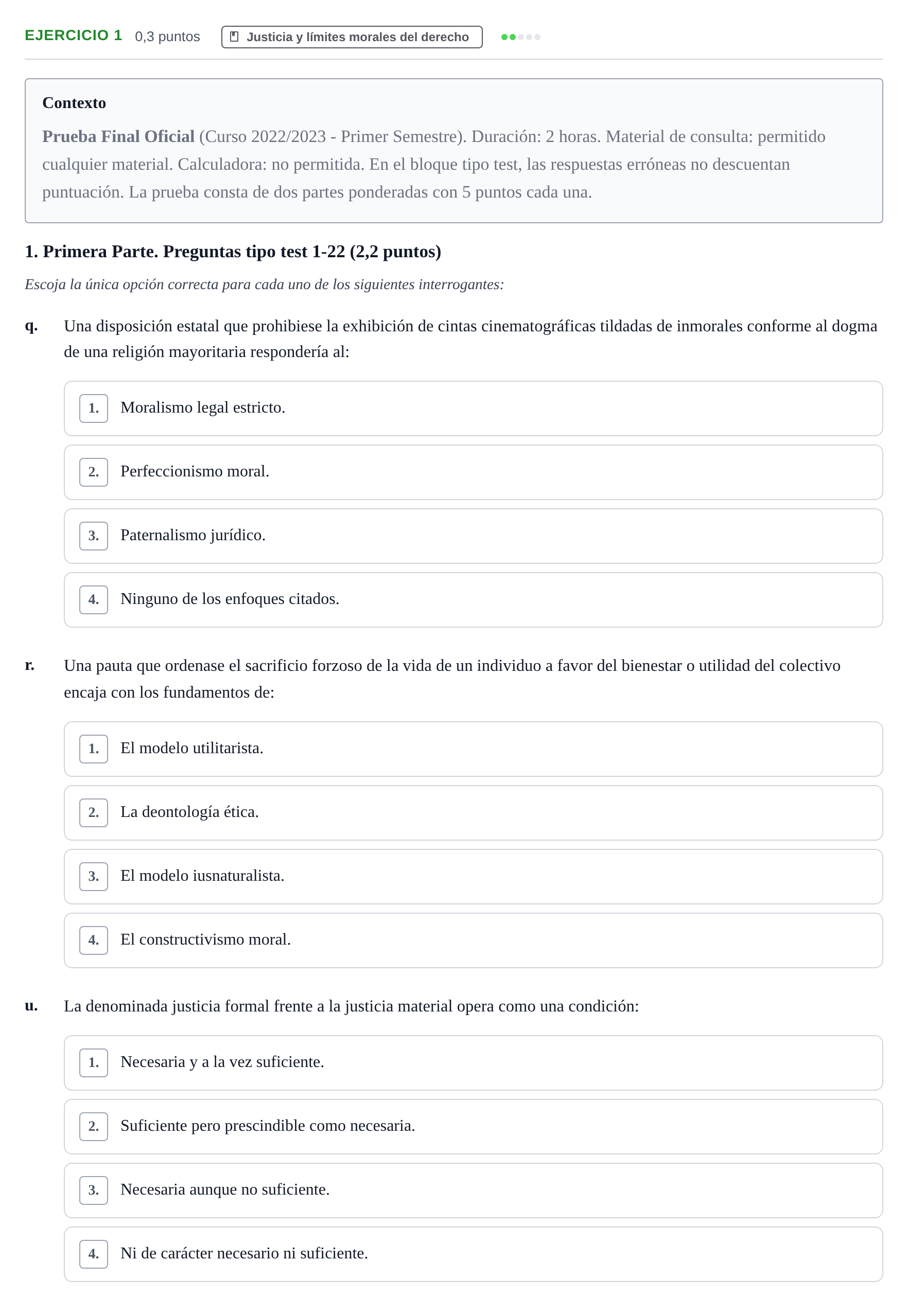 Enunciado: Ejercicio 1 - Justicia y límites morales del derecho · Teoría General del Derecho UOC 2023