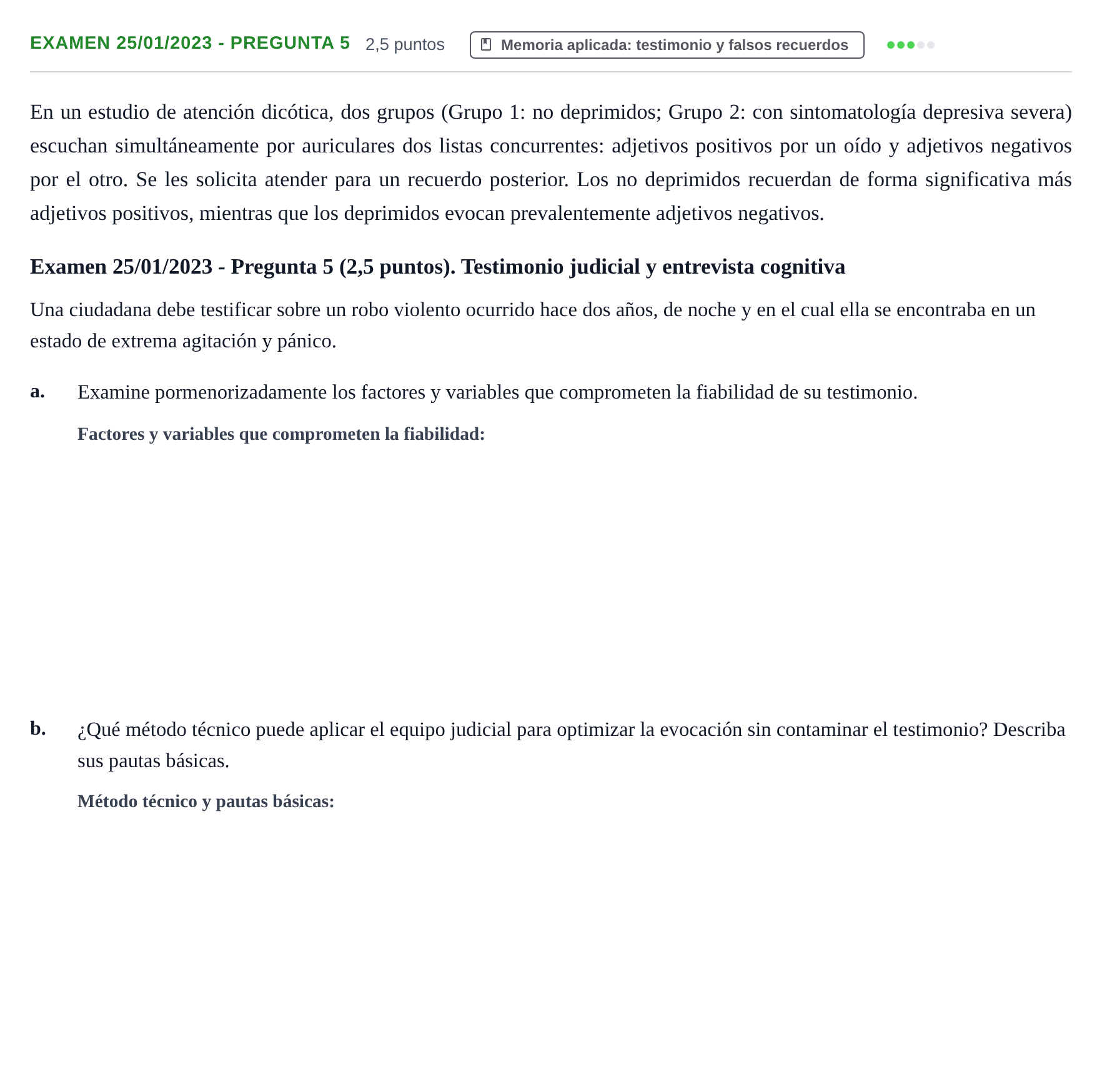Enunciado: Ejercicio Examen 25/01/2023 - Pregunta 5 · Psicología de la Atención y la Memoria UOC 2023
