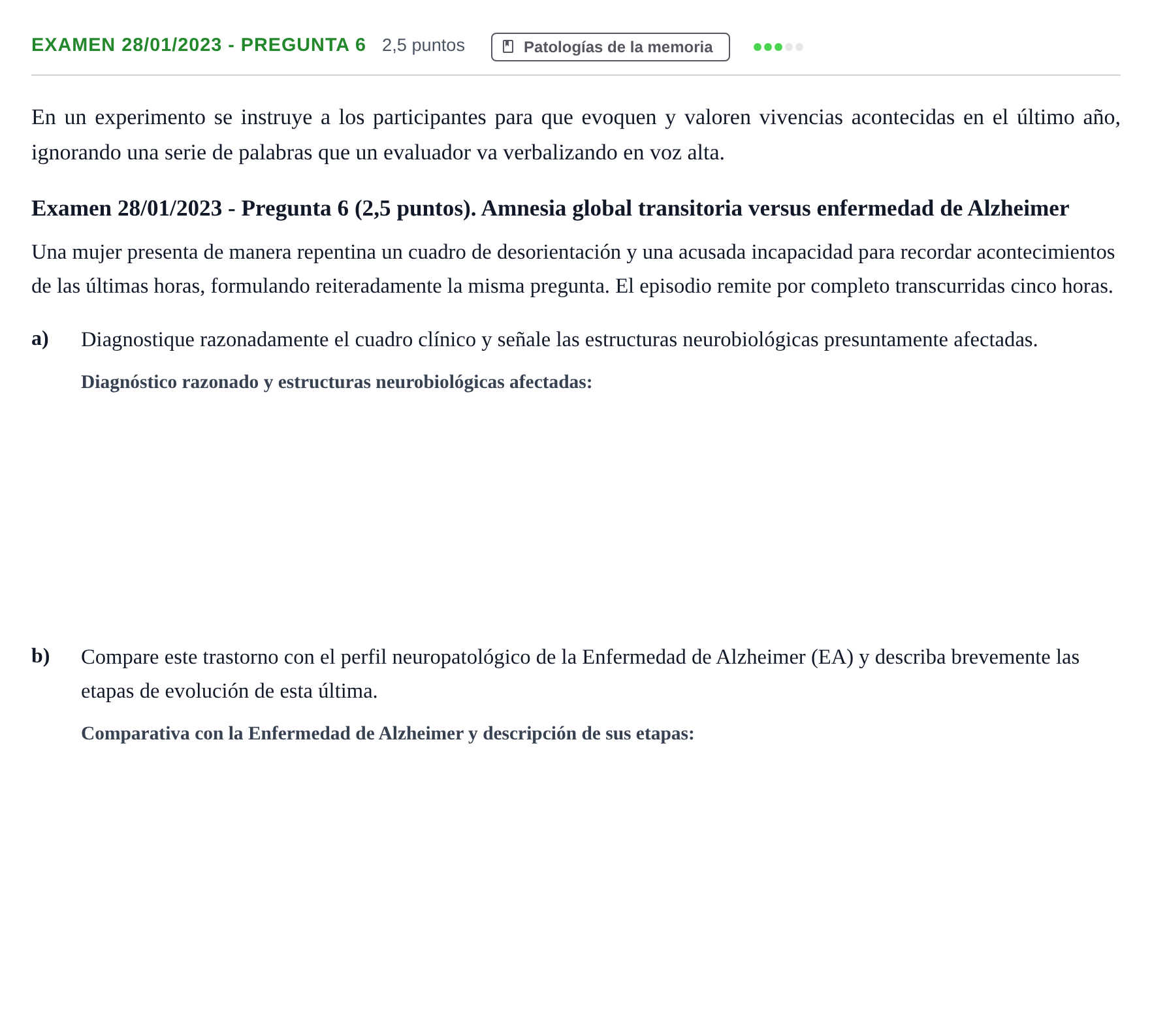 Enunciado: Ejercicio Examen 28/01/2023 - Pregunta 6 · Psicología de la Atención y la Memoria UOC 2023