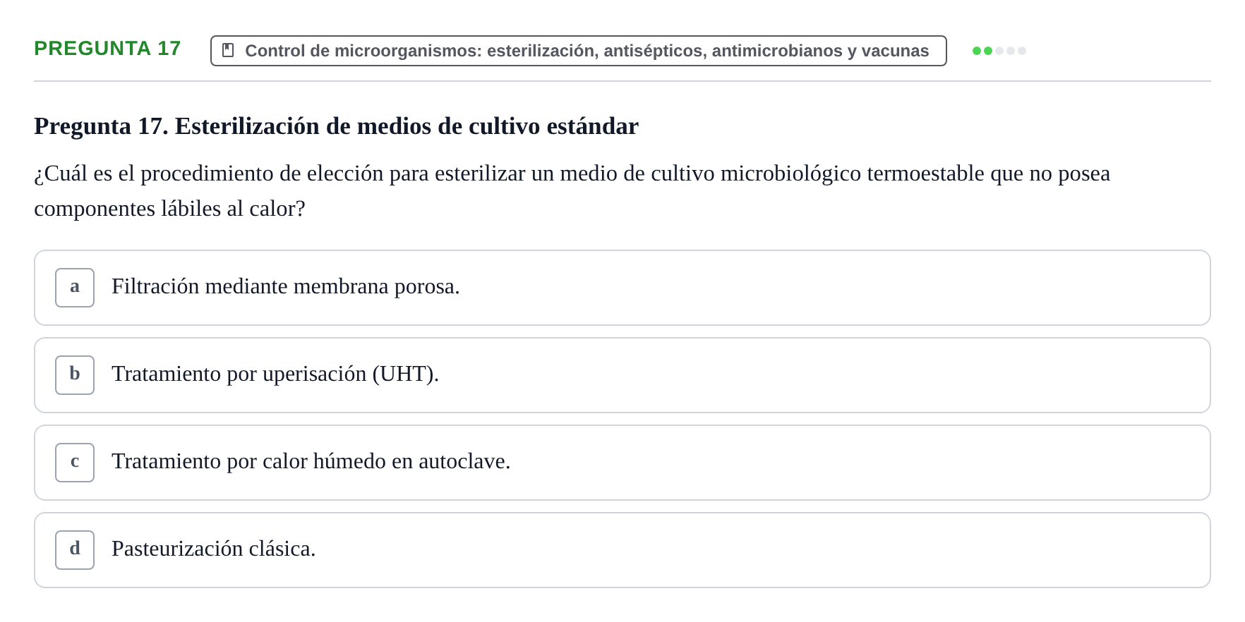 Enunciado: Pregunta 17 · Biología del Cuidado UIC Examen final de Biología del Cuidado