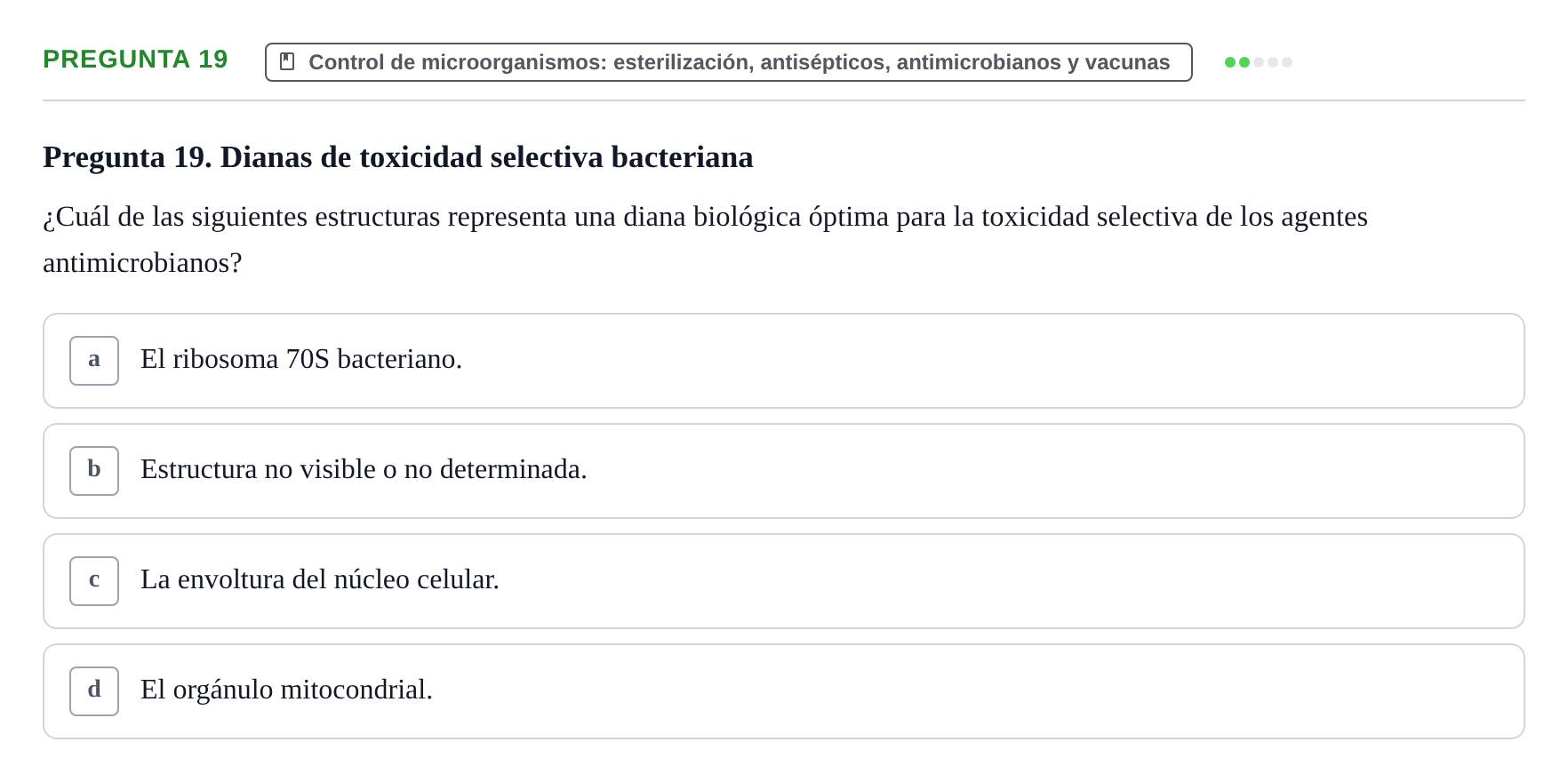Enunciado: Pregunta 19 · Biología del Cuidado UIC Examen final de Biología del Cuidado