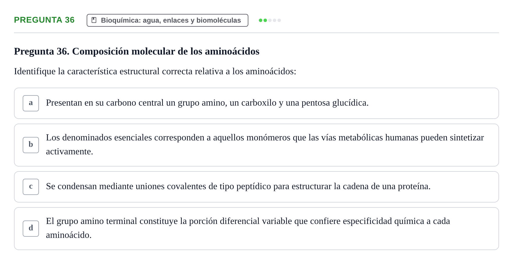 Enunciado: Pregunta 36 · Biología del Cuidado UIC Examen final de Biología del Cuidado