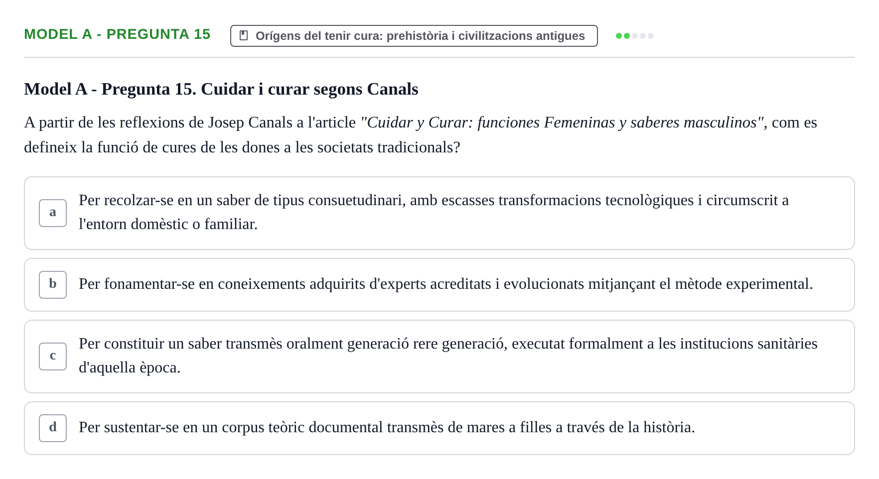 Enunciado: Ejercicio Model A - Pregunta 15 · Bases Teòriques de la Infermeria UVIC Exemples