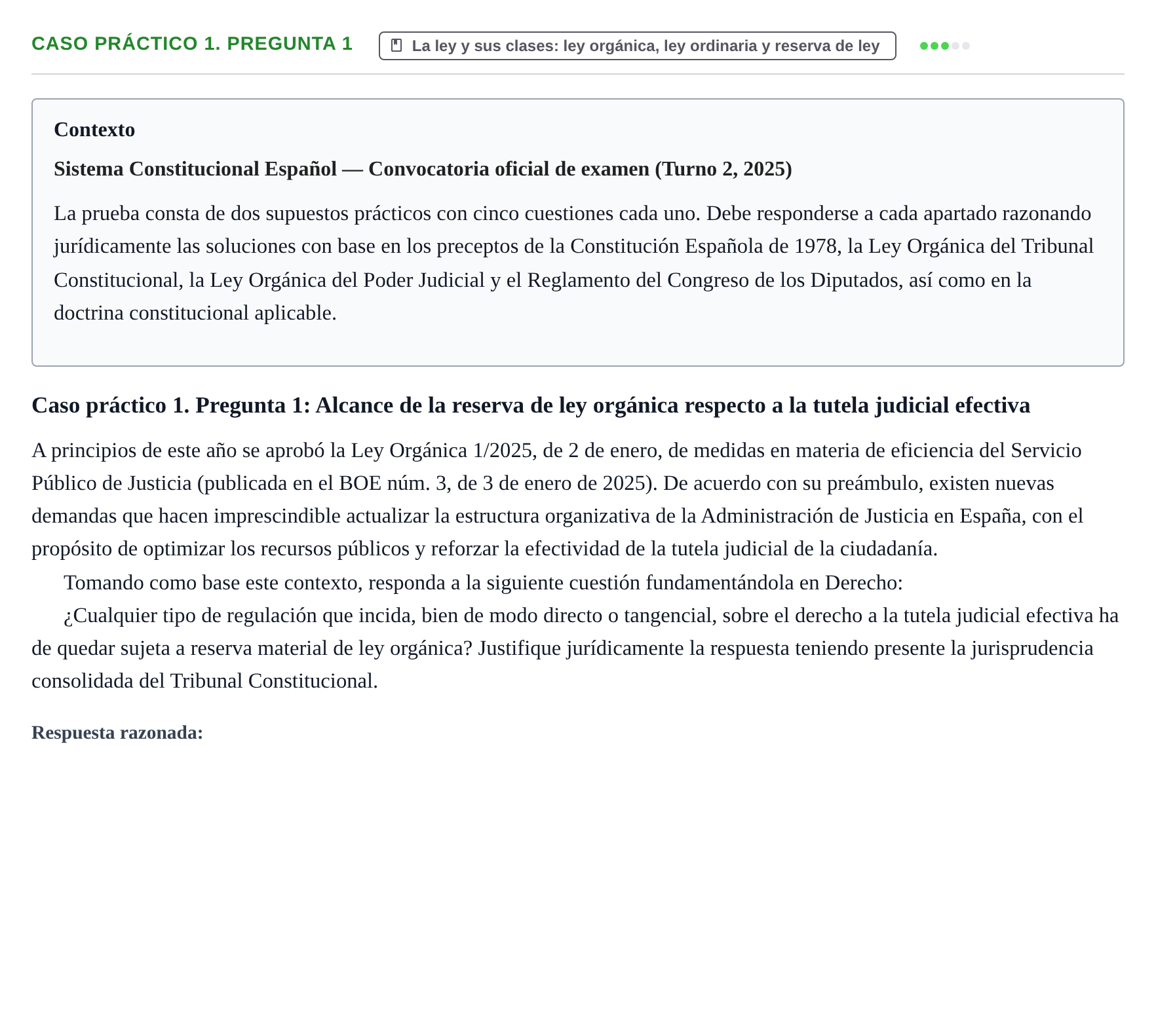 Enunciado: Ejercicio Caso práctico 1. Pregunta 1 · Sistema constitucional español UOC 2025