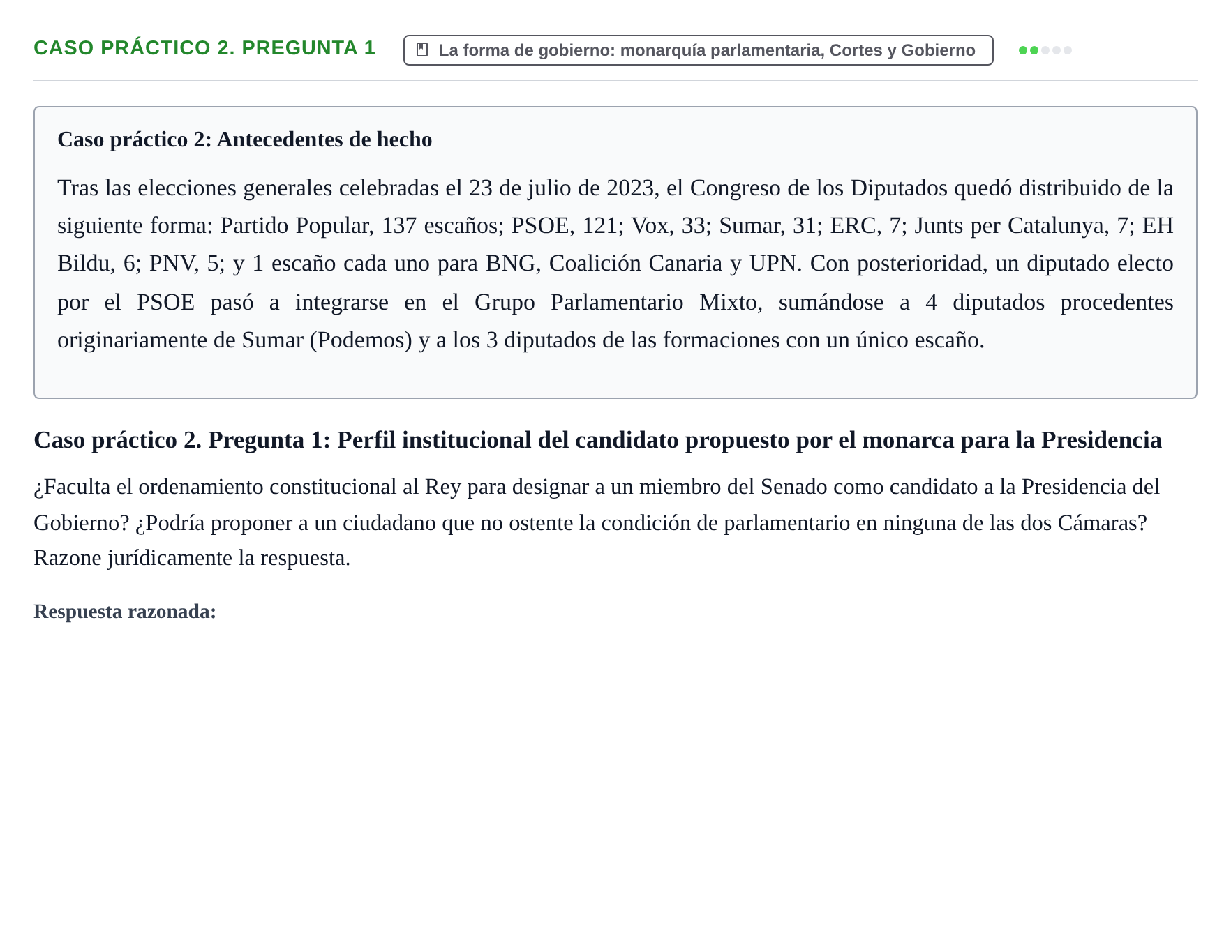 Enunciado: Ejercicio Caso práctico 2. Pregunta 1 · Sistema constitucional español UOC 2025