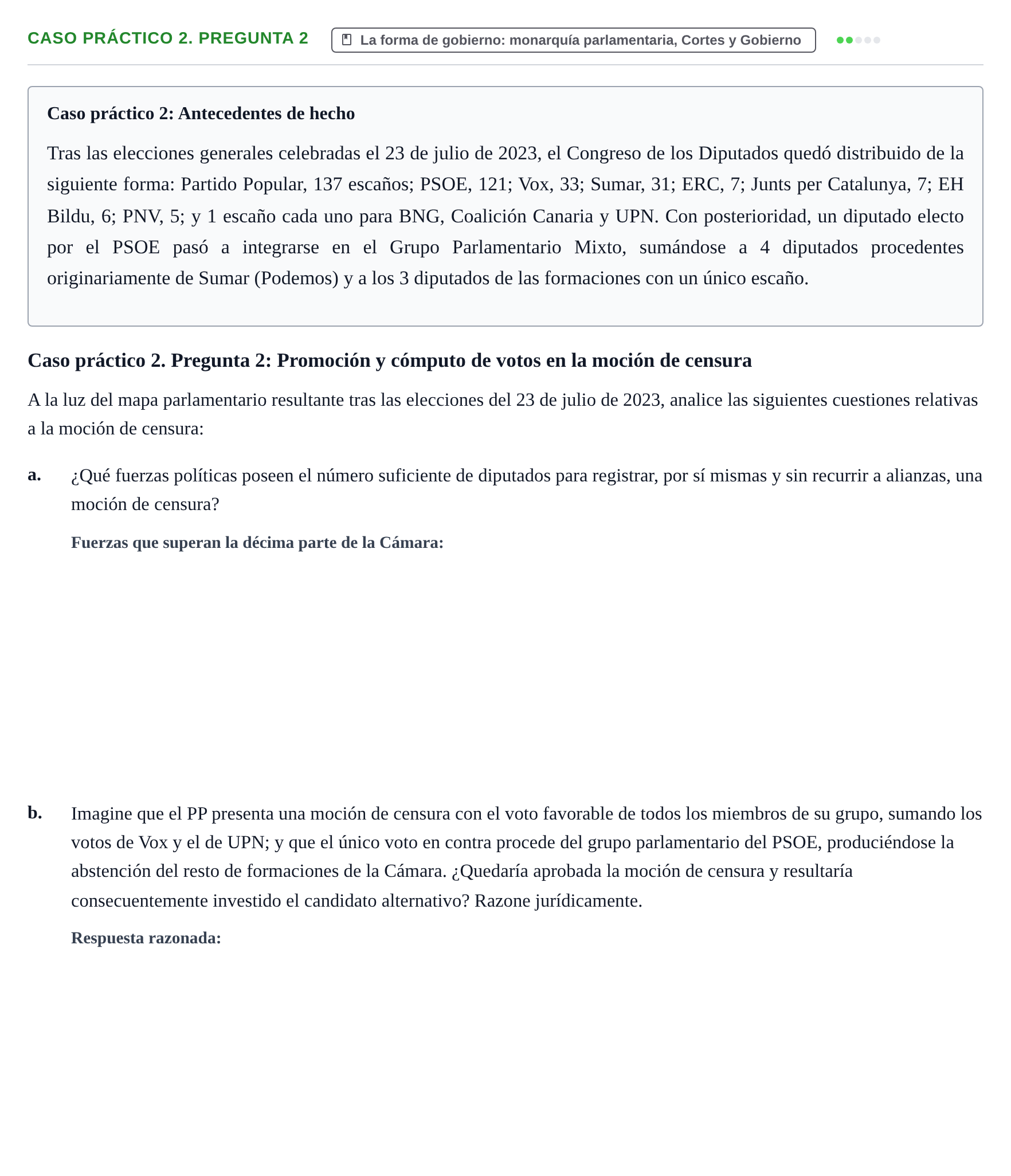 Enunciado: Ejercicio Caso práctico 2. Pregunta 2 · Sistema constitucional español UOC 2025
