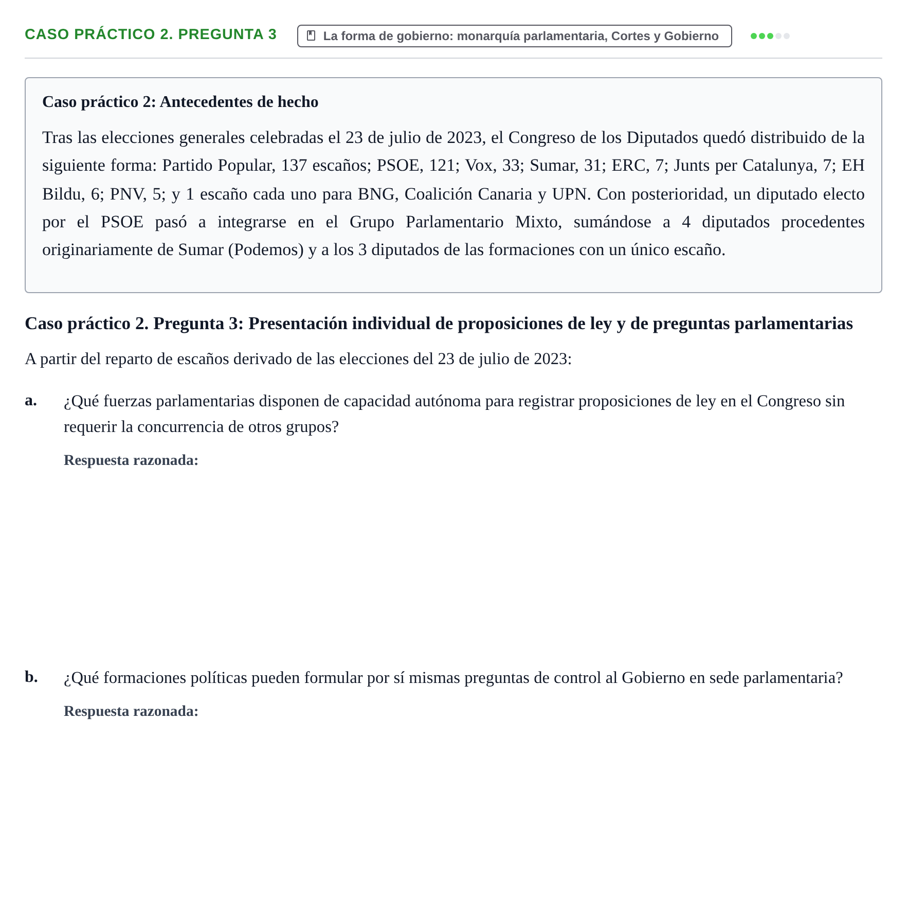 Enunciado: Ejercicio Caso práctico 2. Pregunta 3 · Sistema constitucional español UOC 2025