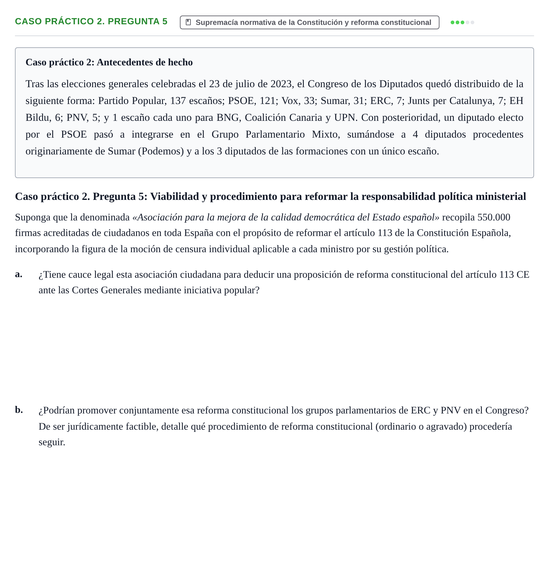 Enunciado: Ejercicio Caso práctico 2. Pregunta 5 · Sistema constitucional español UOC 2025