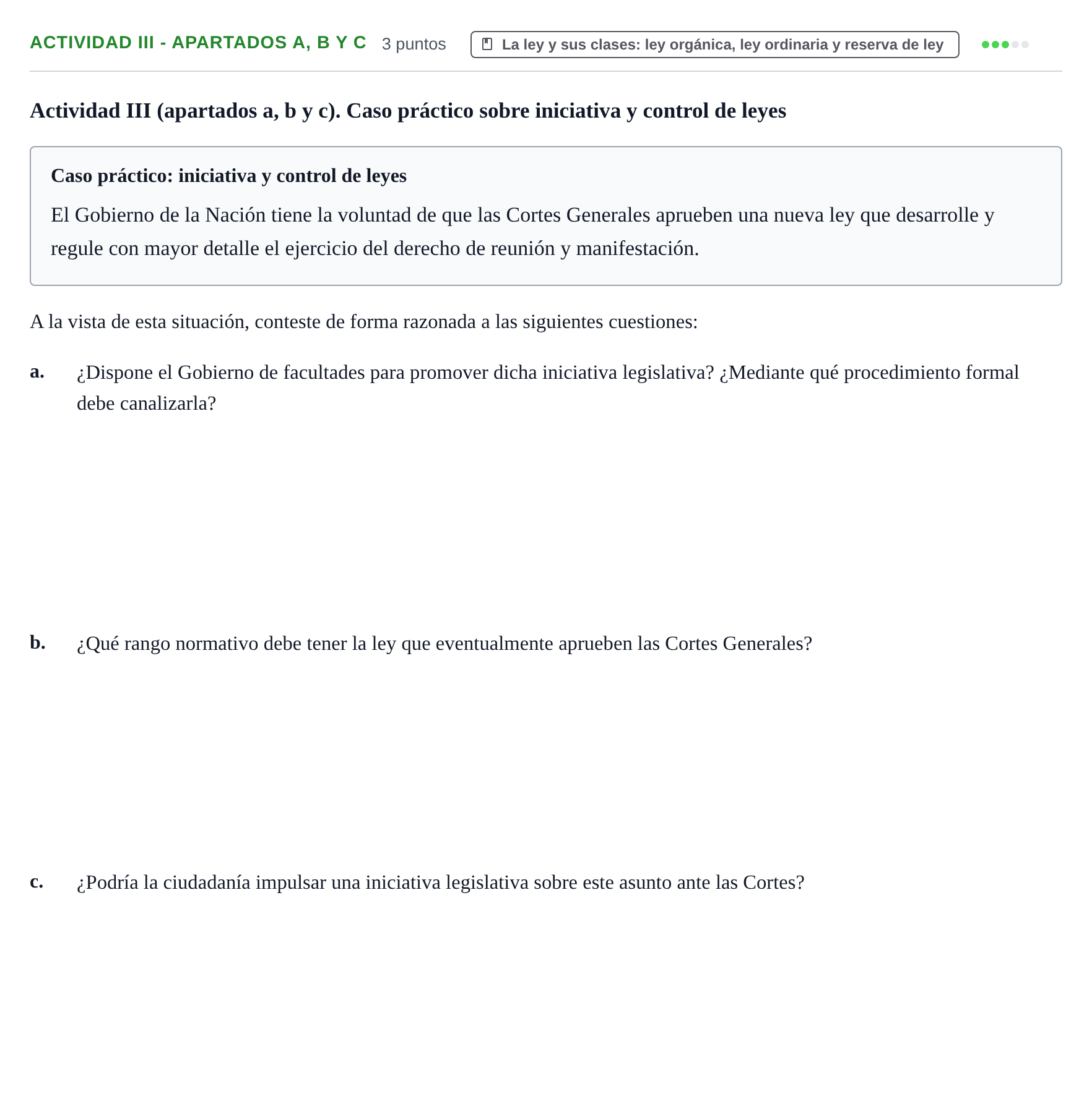 Enunciado: Ejercicio Actividad III - Apartados a, b y c · Sistema constitucional español UOC 2018