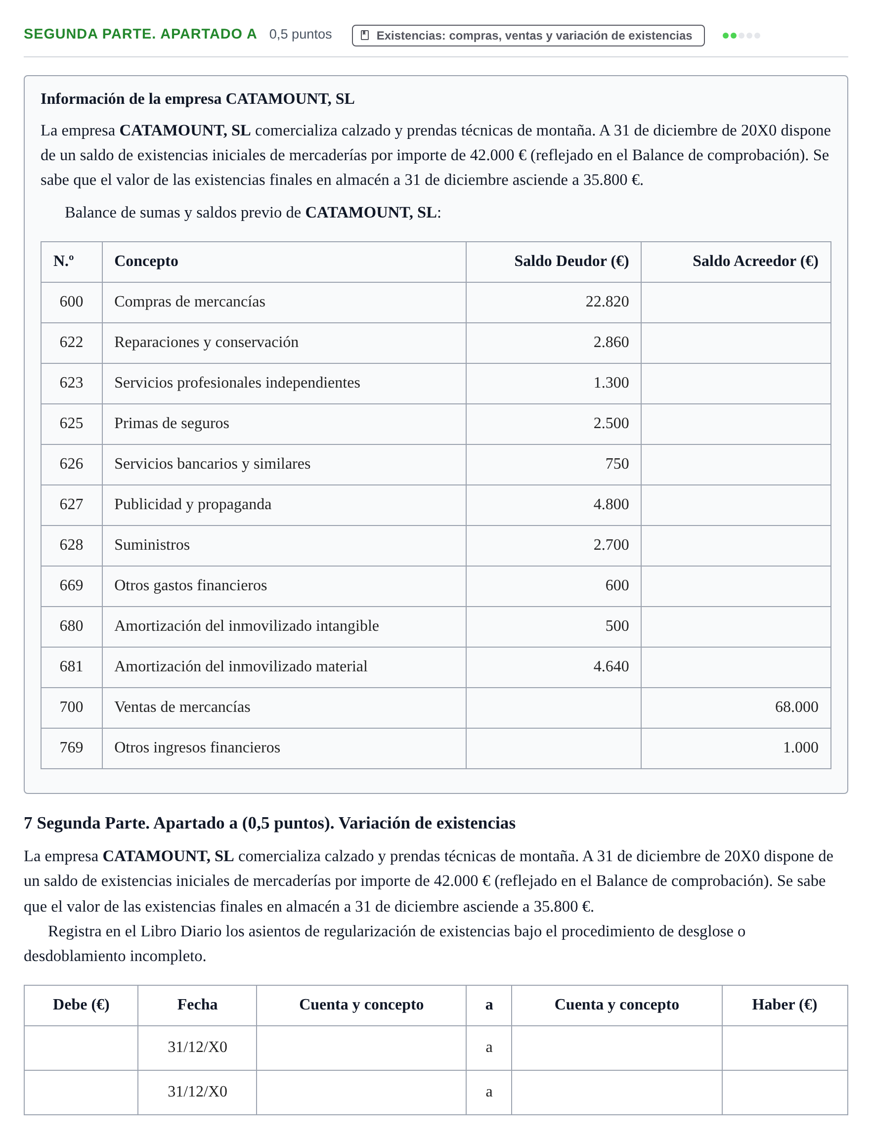 Enunciado: Ejercicio Segunda Parte. Apartado a · Introducción a la Contabilidad UOC Juny 2025