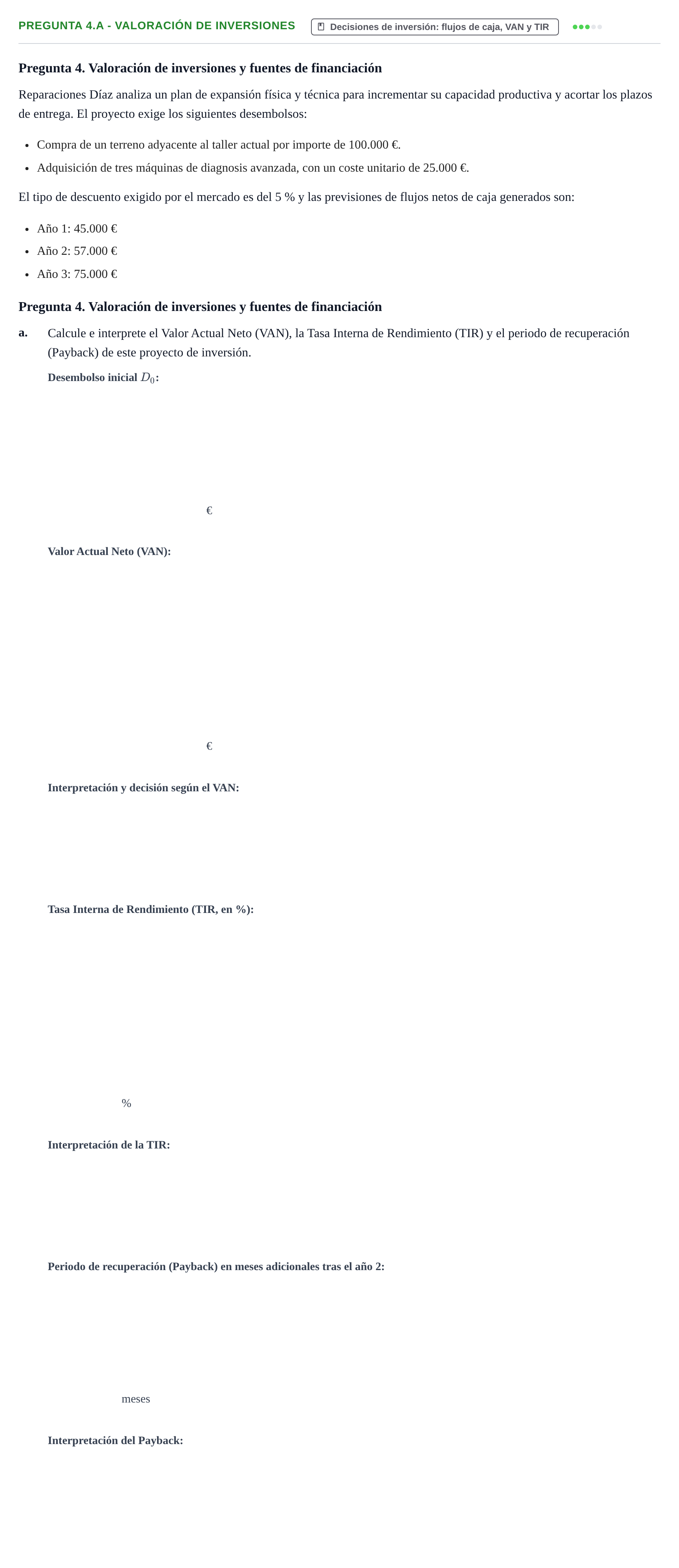 Enunciado: Pregunta 4.a - Valoración de inversiones · Introducción a la Empresa UOC Examen Convocatoria Ordinaria. Reparaciones Díaz