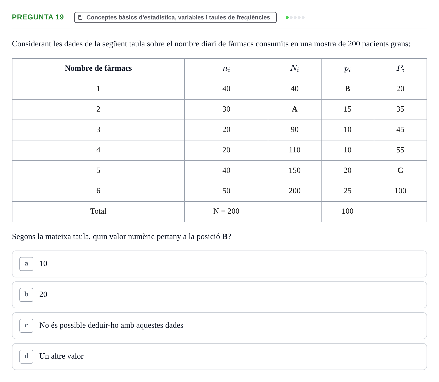 Enunciado: Pregunta 19 · instruments dels estudis de la salut UB Examen de Demografia, Epidemiologia i Bioestadística