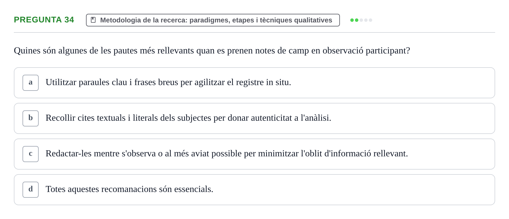 Enunciado: Pregunta 34 · instruments dels estudis de la salut UB Examen de Demografia, Epidemiologia i Bioestadística