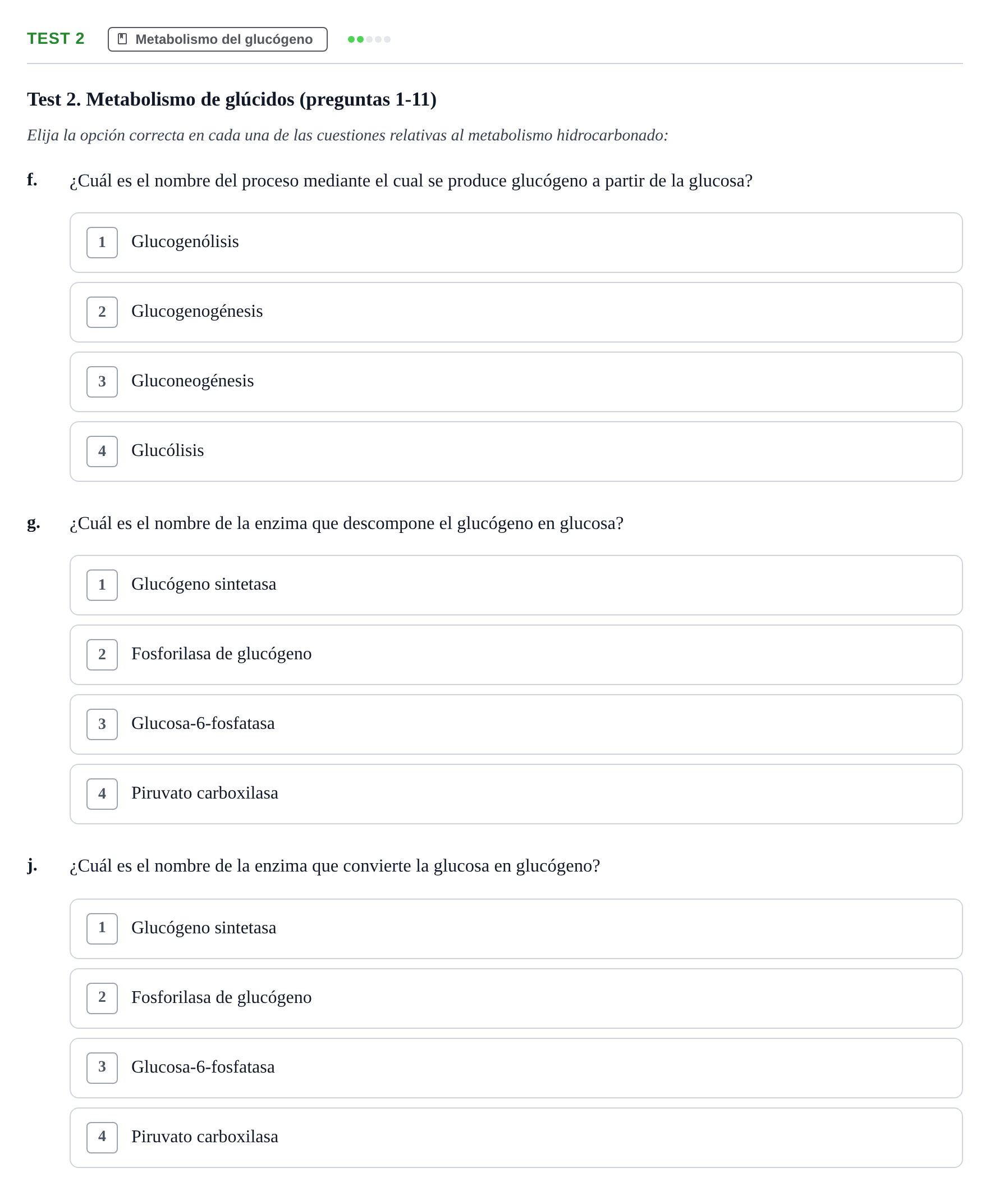 Enunciado: Test 2 - Metabolismo del glucógeno