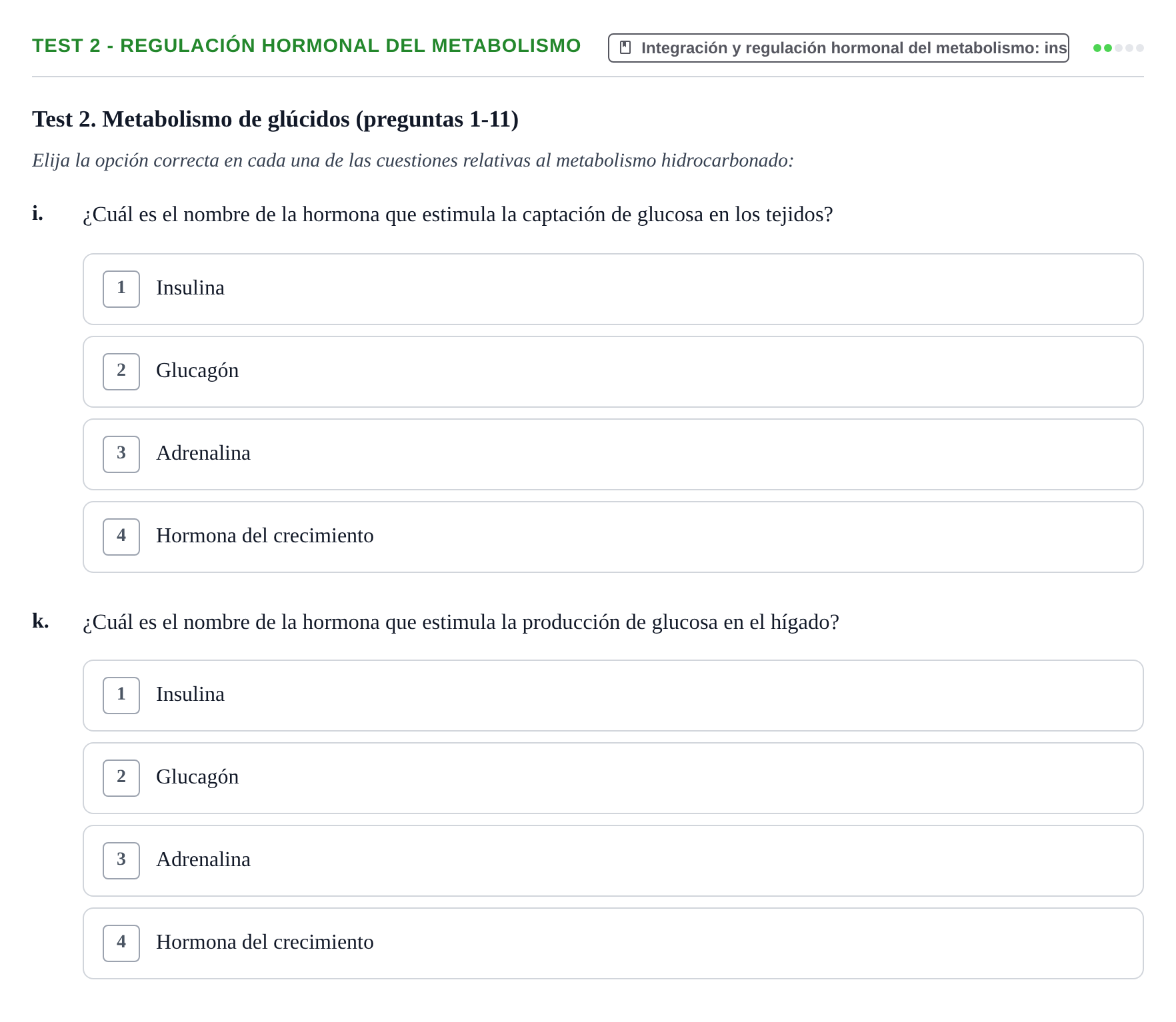 Enunciado: Test 2 - Regulación hormonal del metabolismo