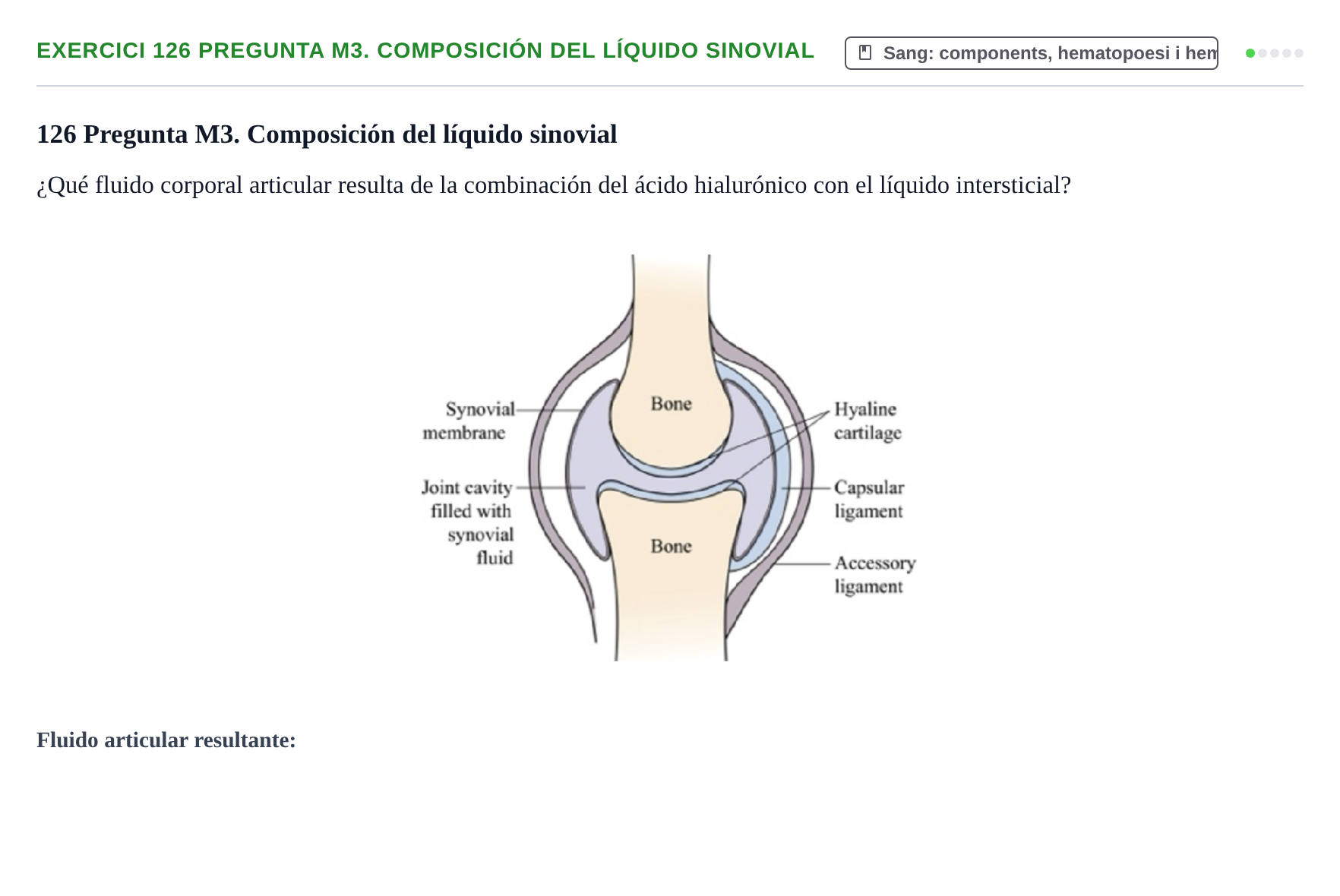 Enunciado: 126 Pregunta M3. Composición del líquido sinovial