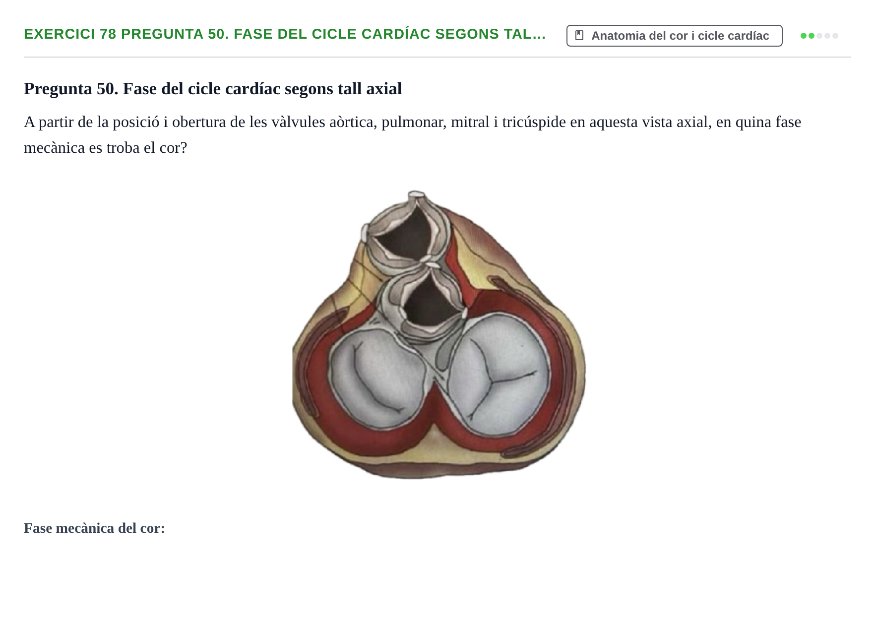Enunciado: 78 Pregunta 50. Fase del cicle cardíac segons tal…