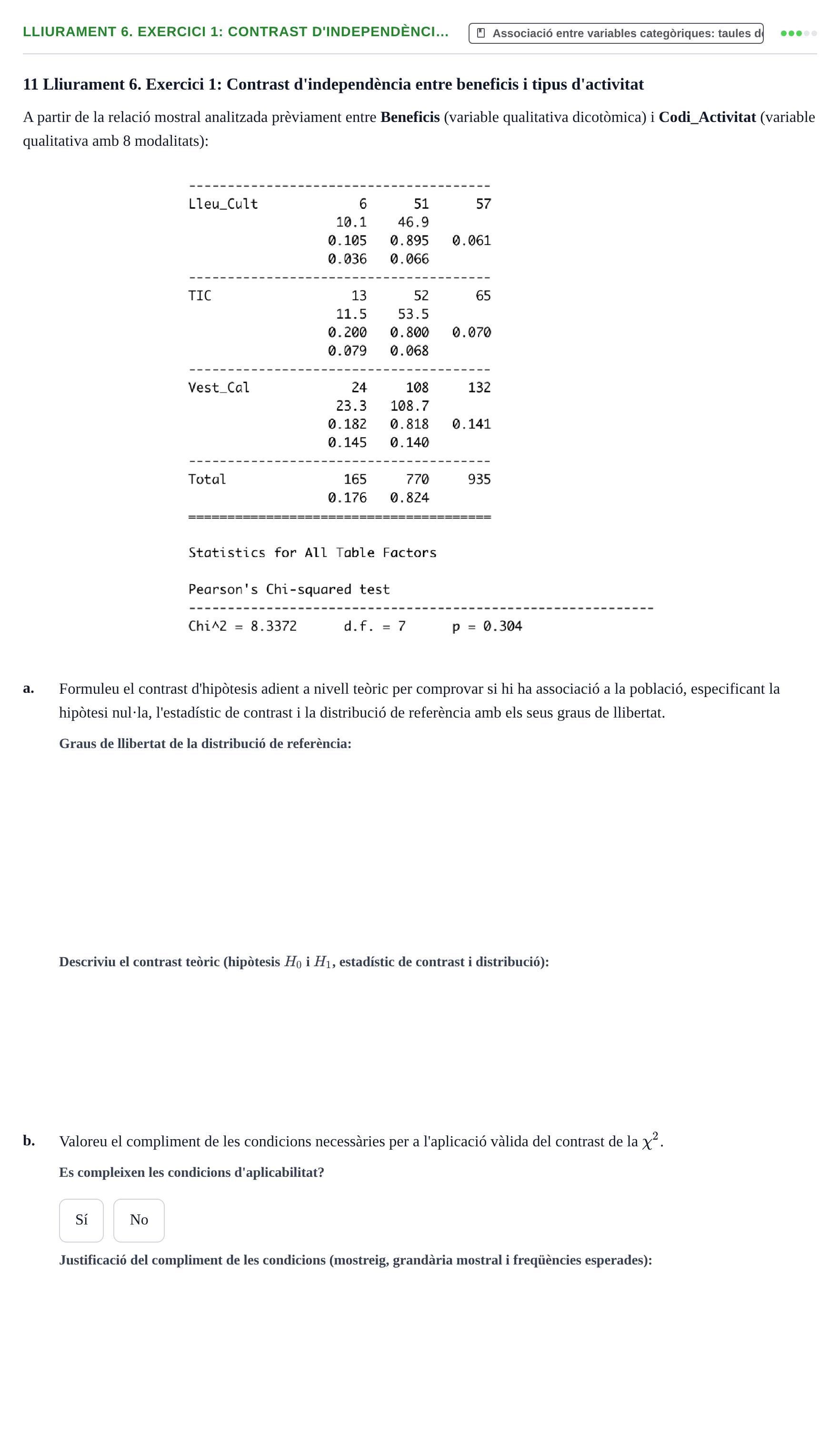 Enunciado: Lliurament 6. Exercici 1: Contrast d'independènci…