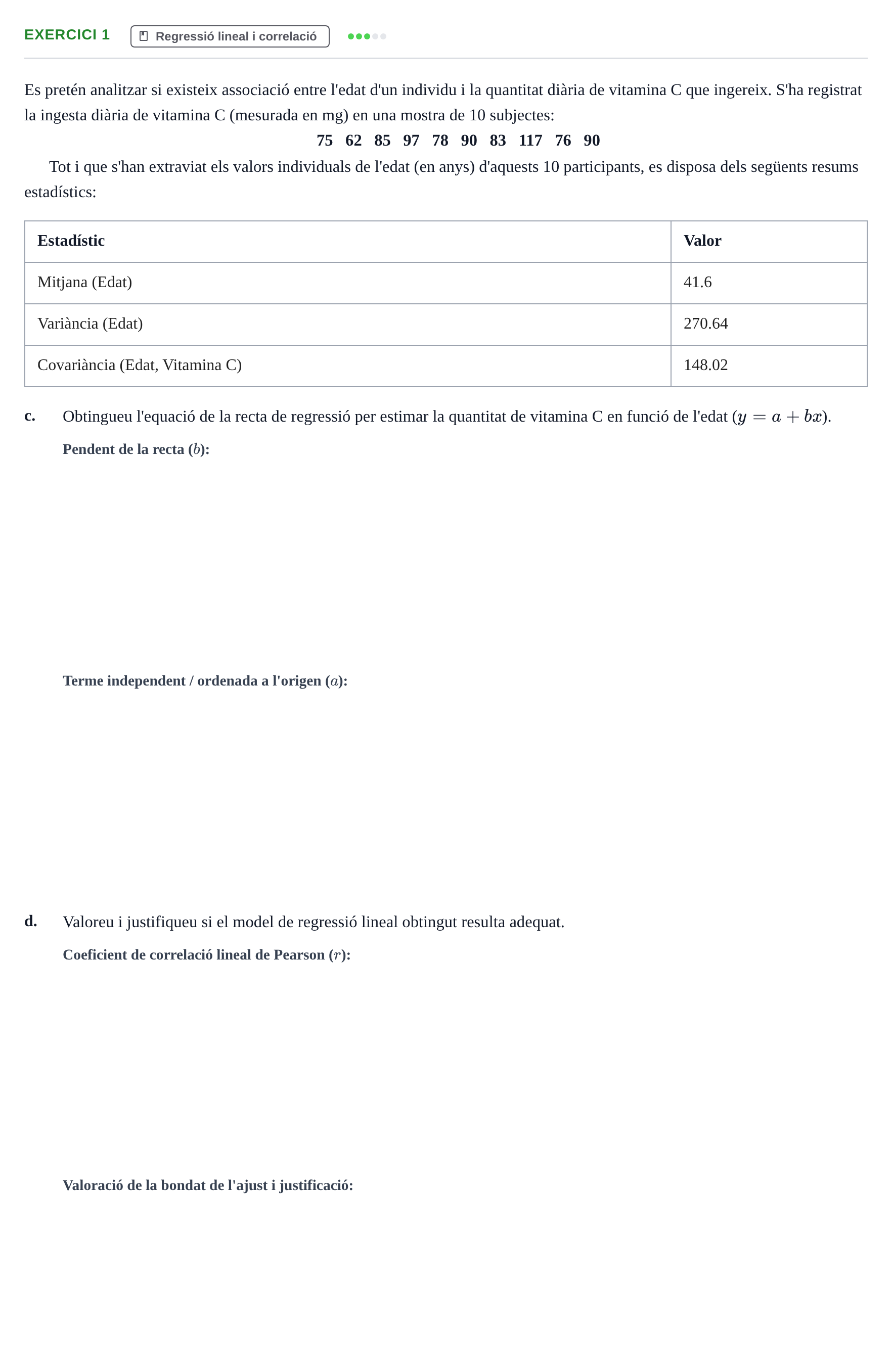 Enunciado: Exercici 1 - Regressió lineal · Bioestadística UAB 2022