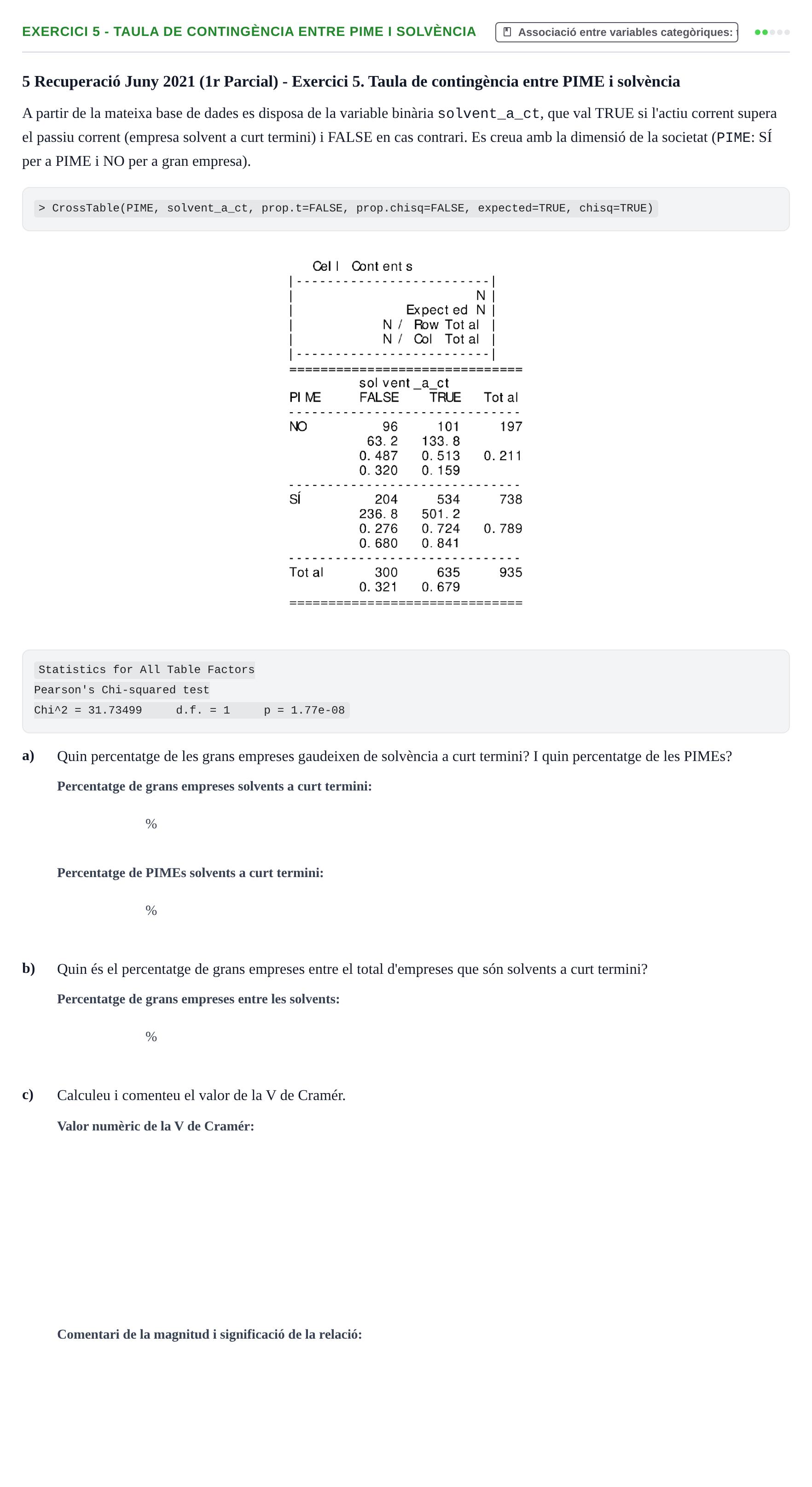 Enunciado: Ejercicio 5 - Taula de contingència entre PIME i solvència · Estadística Básica UDL 2020