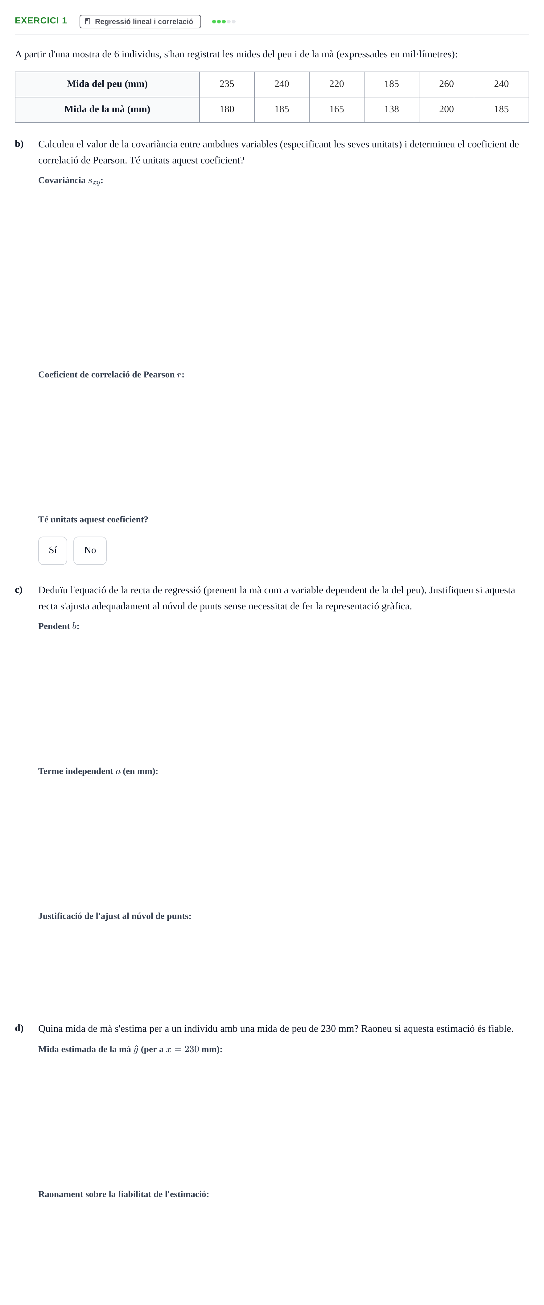 Enunciado: Exercici 1 - Regressió lineal i correlació · Bioestadística UAB 2023