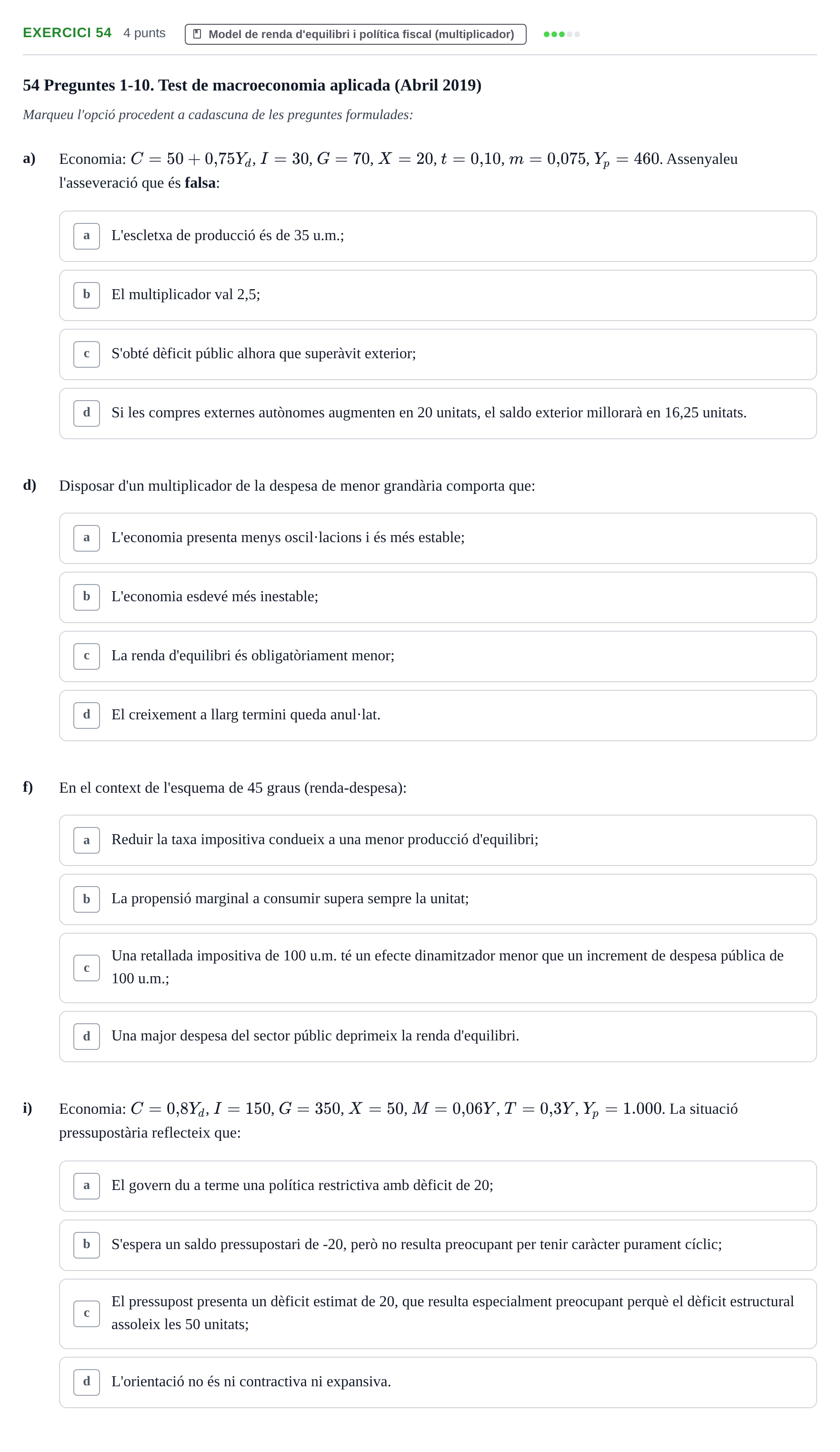 Enunciado: Ejercicio 54 - Model de renda d'equilibri i política fiscal… · Economía I UDL 2017