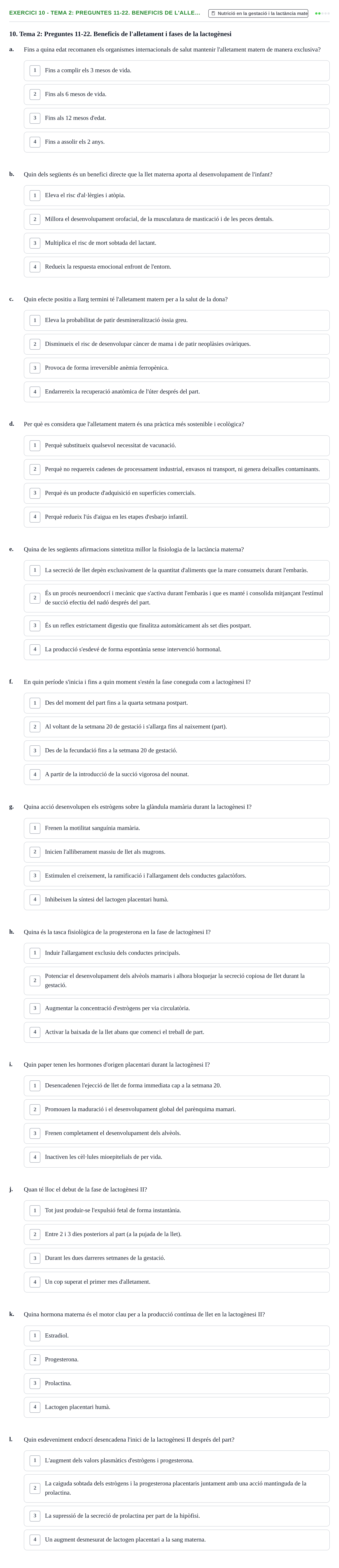 Enunciado: Ejercicio 10 - Tema 2: Preguntes 11-22. Beneficis de l'alle… · Bases bioquímiques en nutrició per l'atenció a la persona UDL Avaluació del Bloc 3: Gestació i lactància (Part 1)
