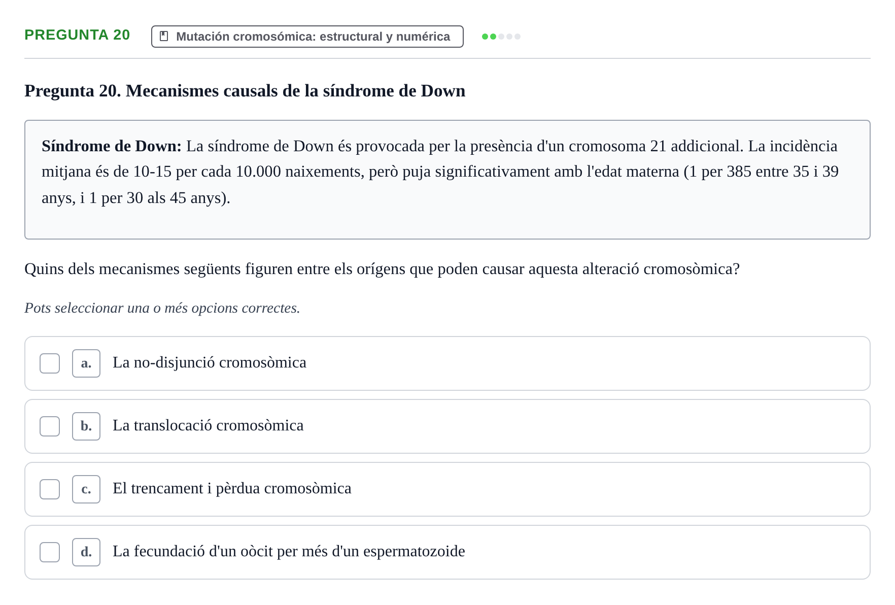 Enunciado: Pregunta 20 · Genética UAB 2016