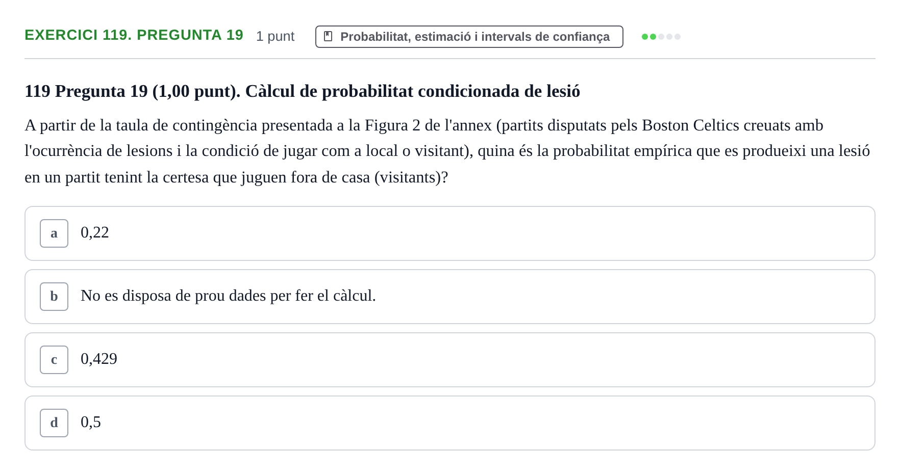 Enunciado: Ejercicio 119. Pregunta 19 · Habilitats d'Investigació Clínica i de Lectura Crítica UVIC 2023