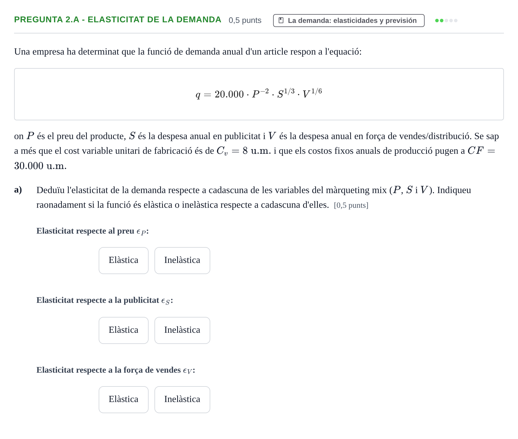 Enunciado: Pregunta 2.a - Elasticitat de la demanda · Organització Empresarial UDL 2014